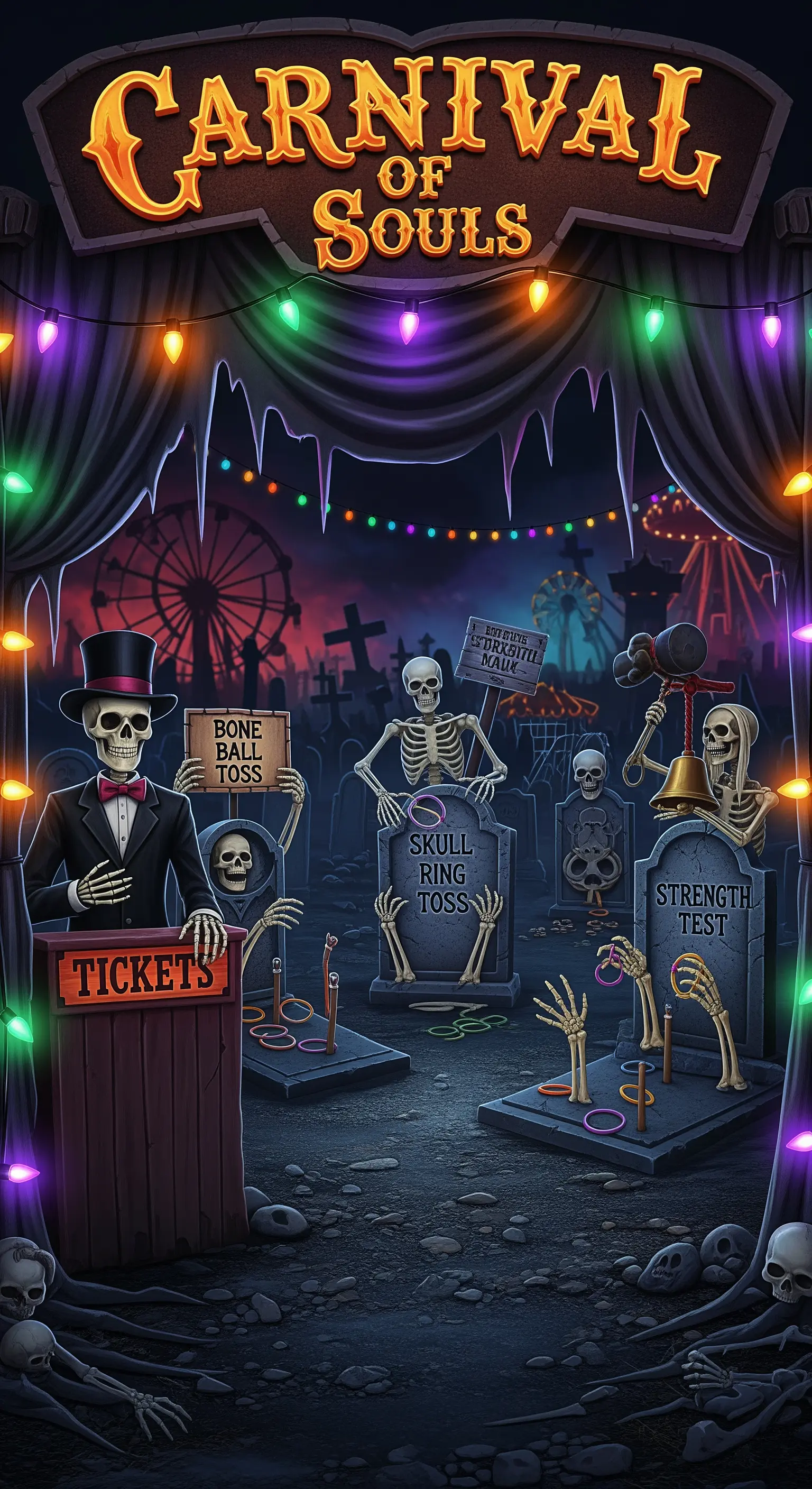 Un luna park spettrale con scheletri che gestiscono giochi a tema horror.