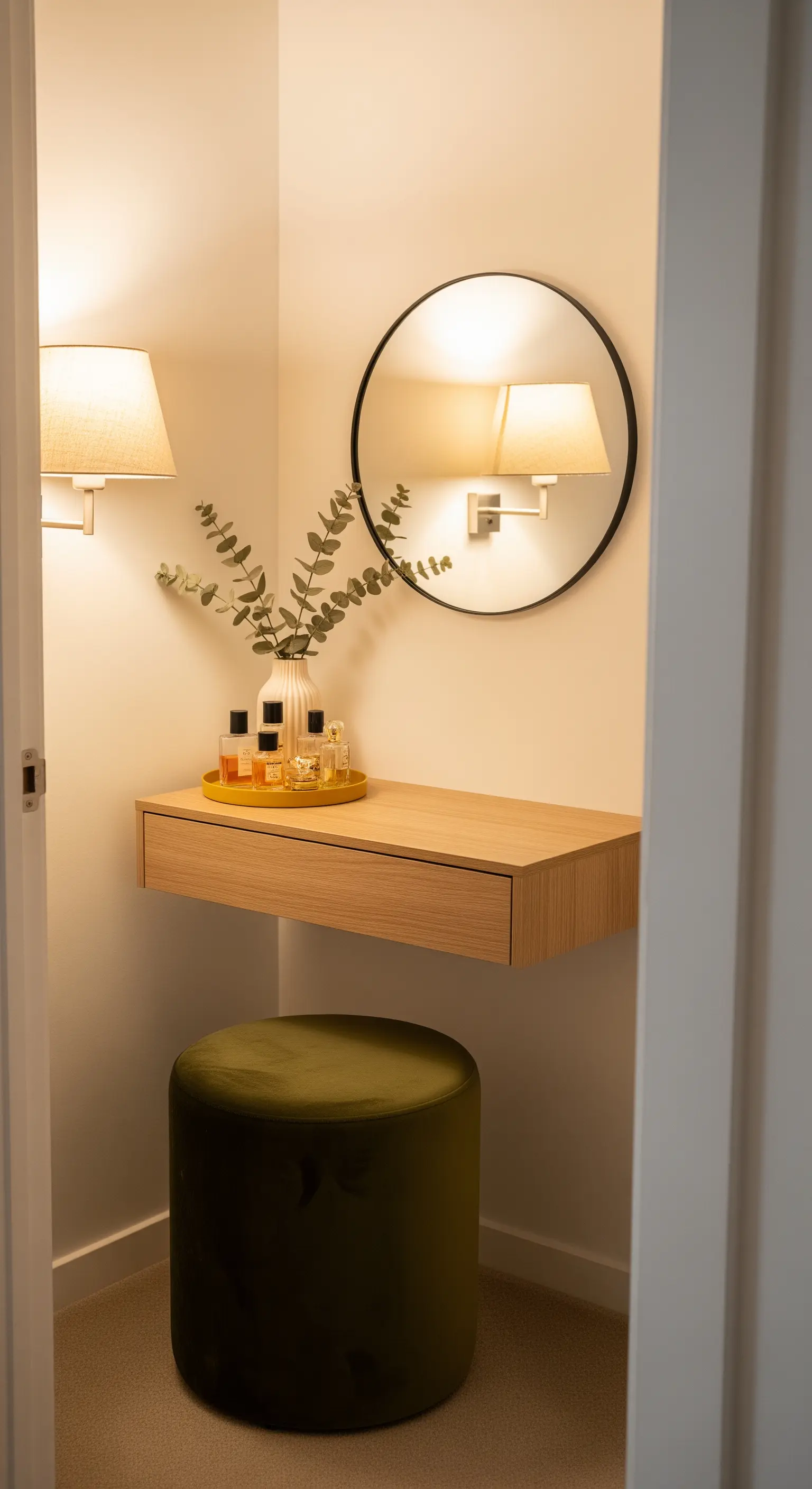 Angolo trucco con mensola sospesa in legno, specchio rotondo e pouf in velluto verde.
