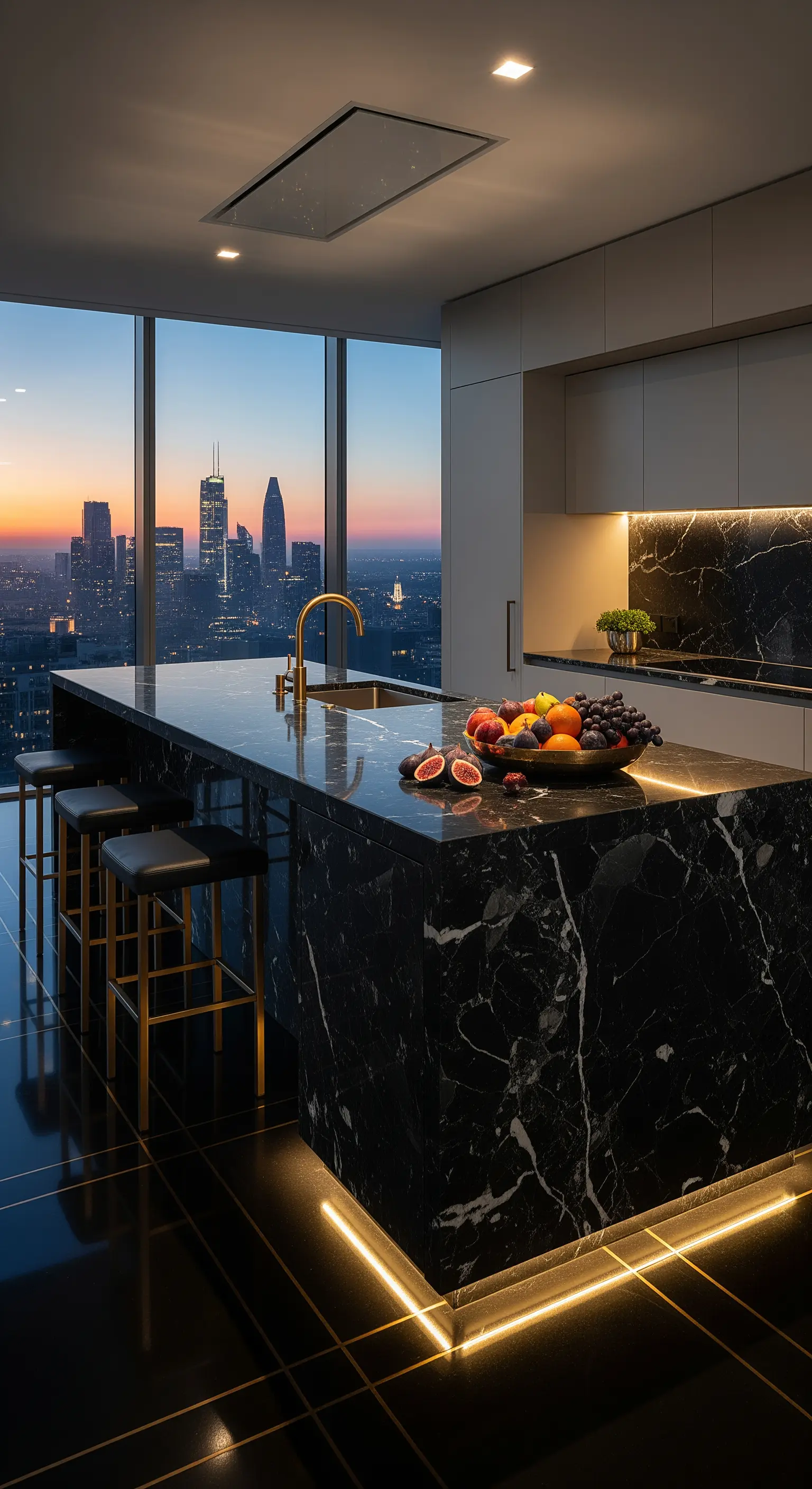 Isola in marmo nero con venature bianche e rubinetto dorato in una cucina di lusso.