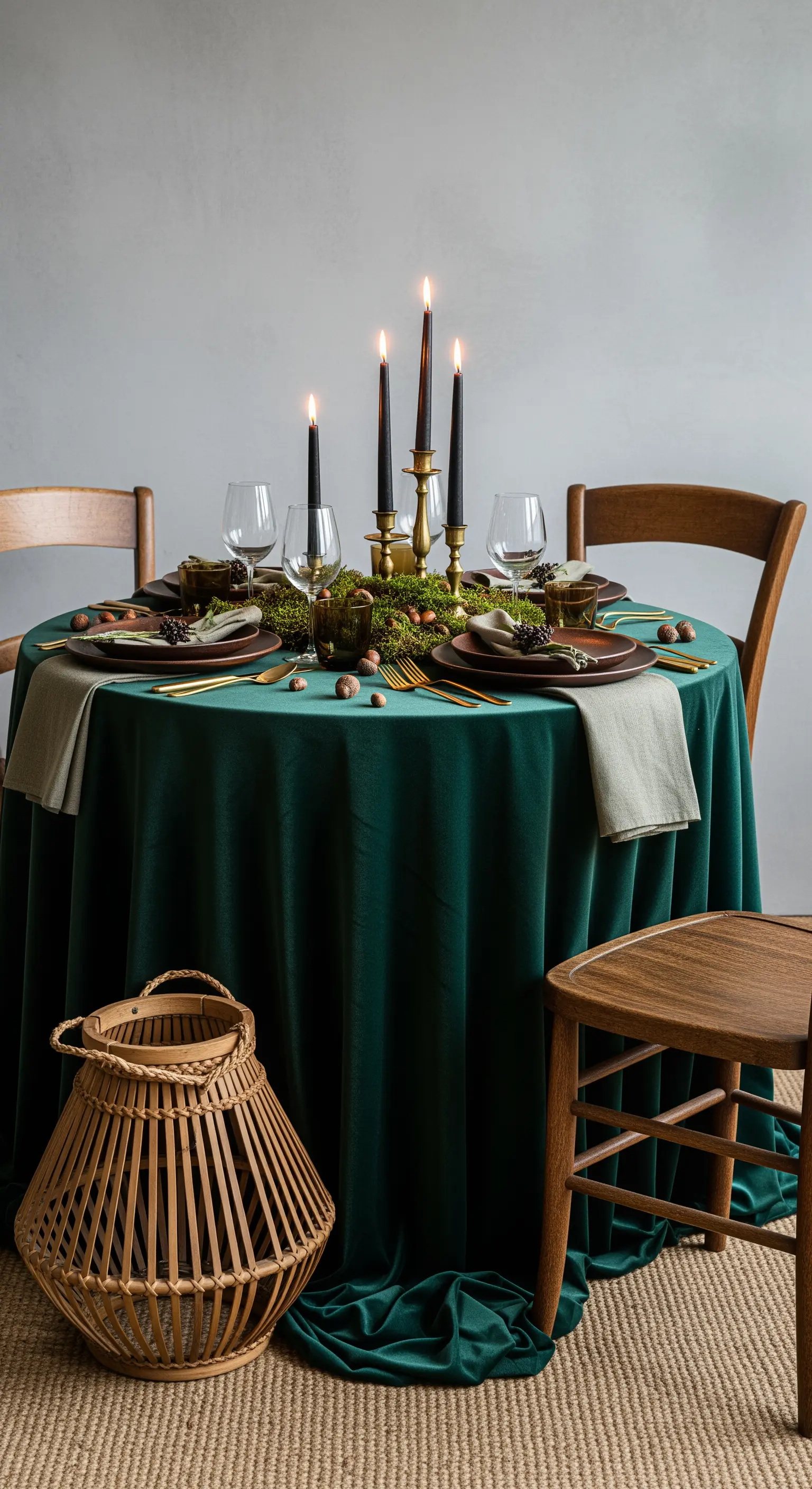 Tavola rotonda con tovaglia in velluto verde, candele nere e centrotavola di muschio.