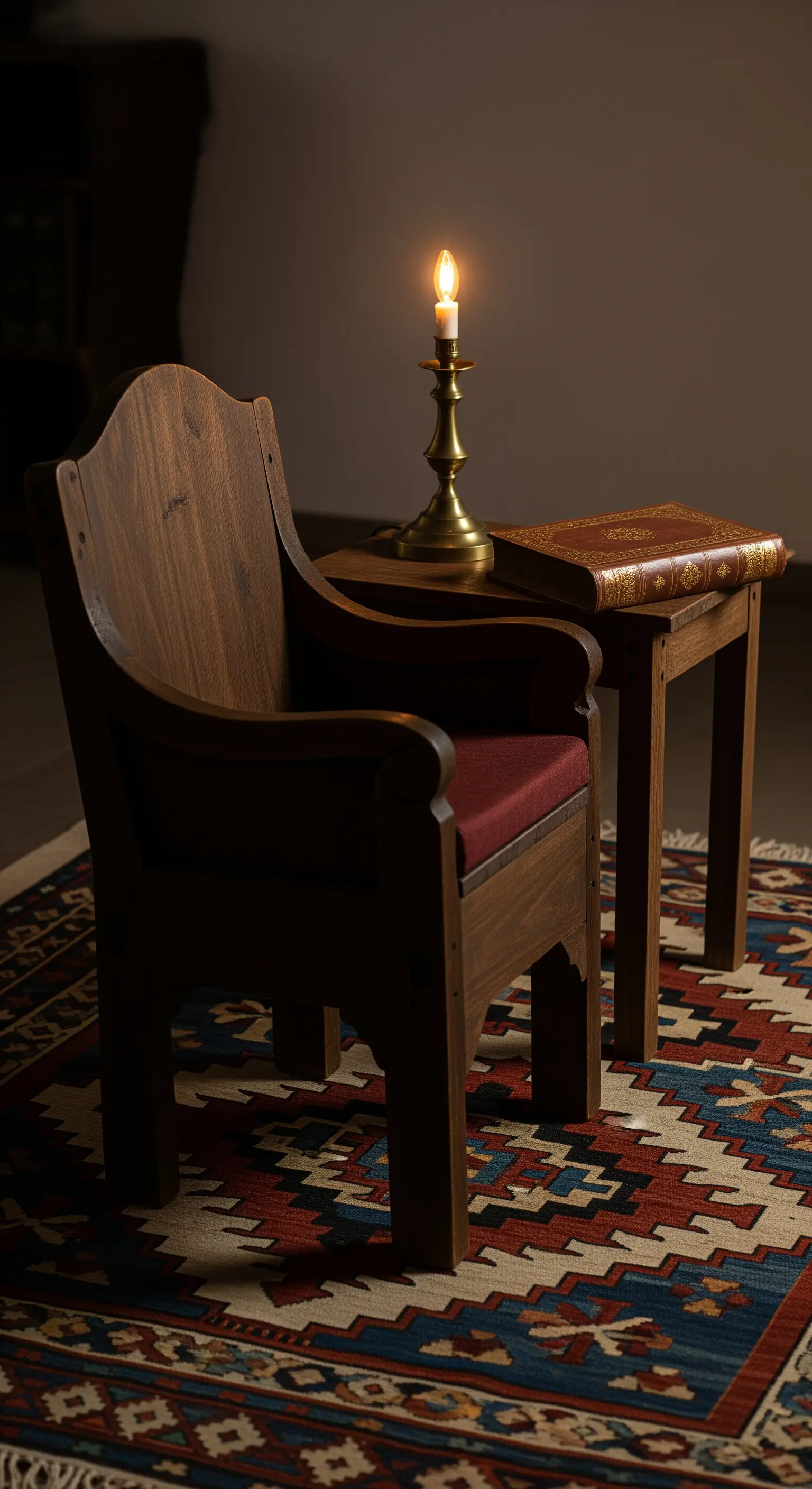 Sedia medievale in legno scuro e un tavolino con un libro, illuminati solo dalla luce di una candela.