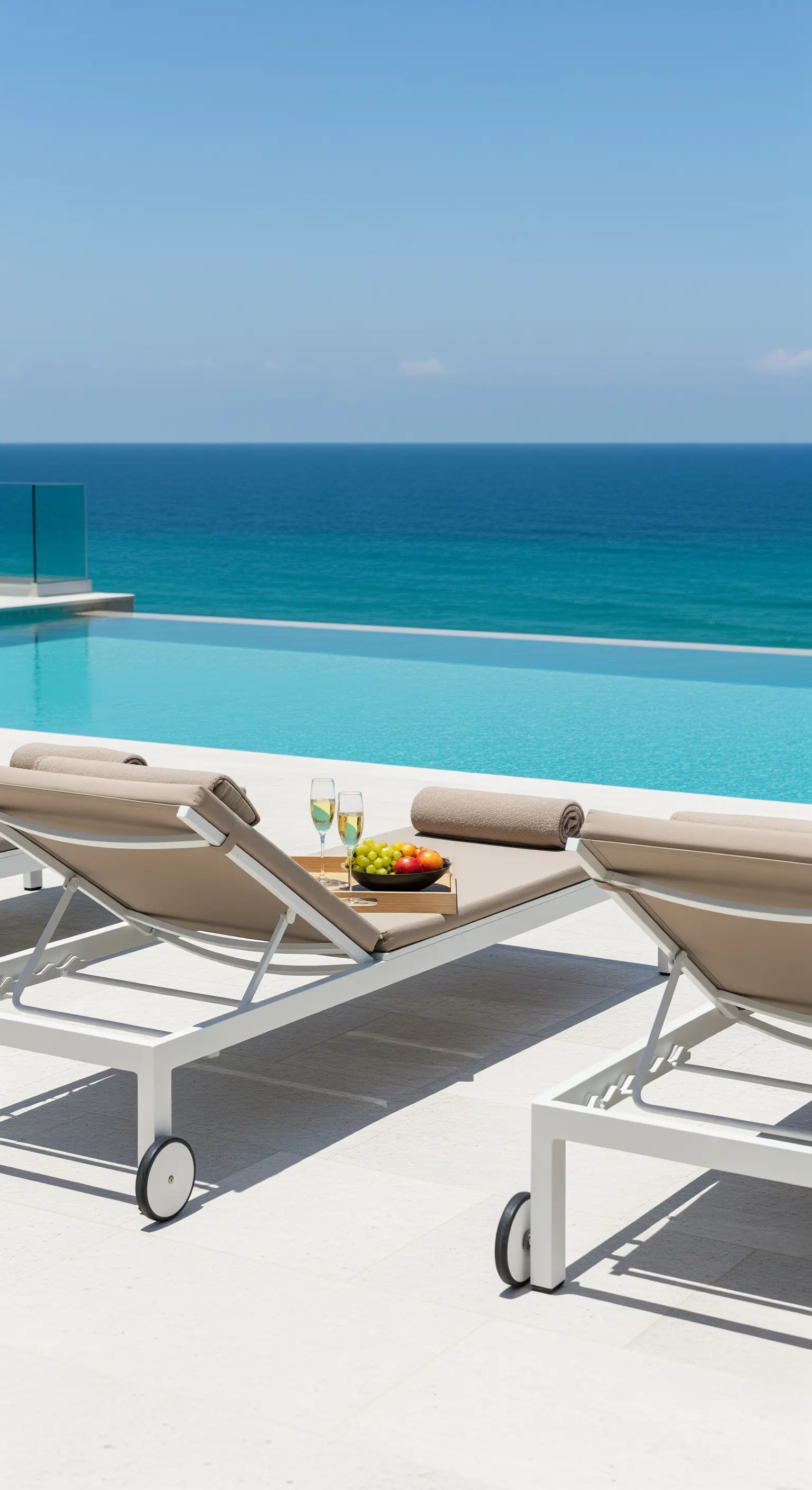 Due lettini minimalisti color tortora a bordo di una piscina a sfioro sull'oceano.