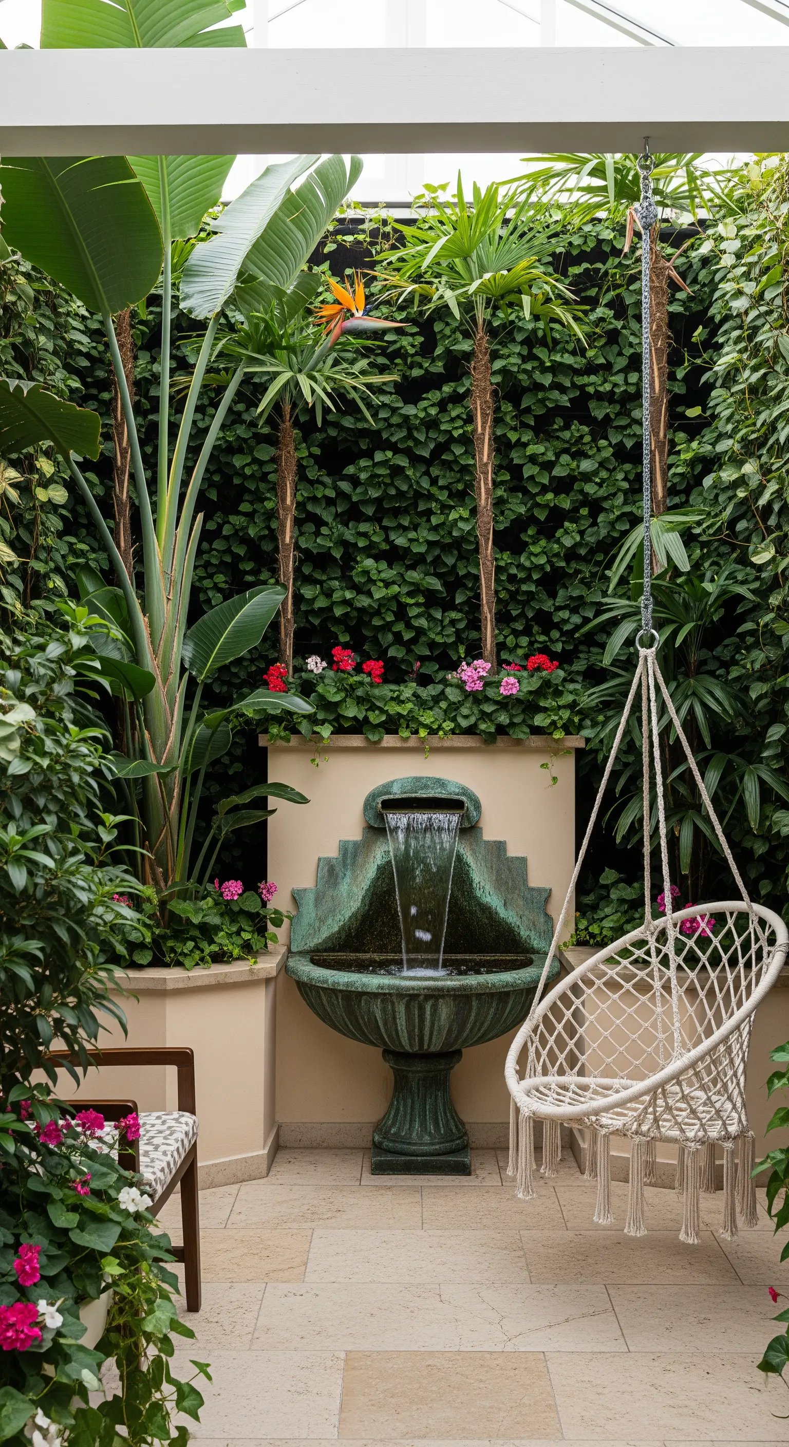 Cortile intimo con fontana a muro, piante rampicanti e poltrona sospesa in macramè.