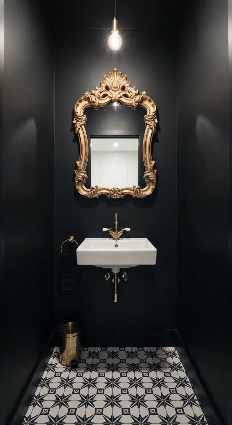 Bagno piccolo e scuro con specchio barocco dorato e pavimento a motivi geometrici.