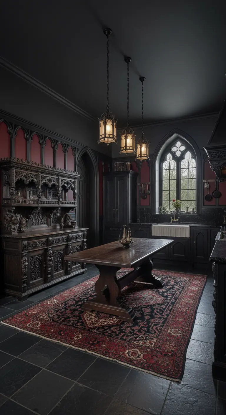 Cucina in stile gotico con mobili neri intagliati e un grande tappeto rosso e nero.