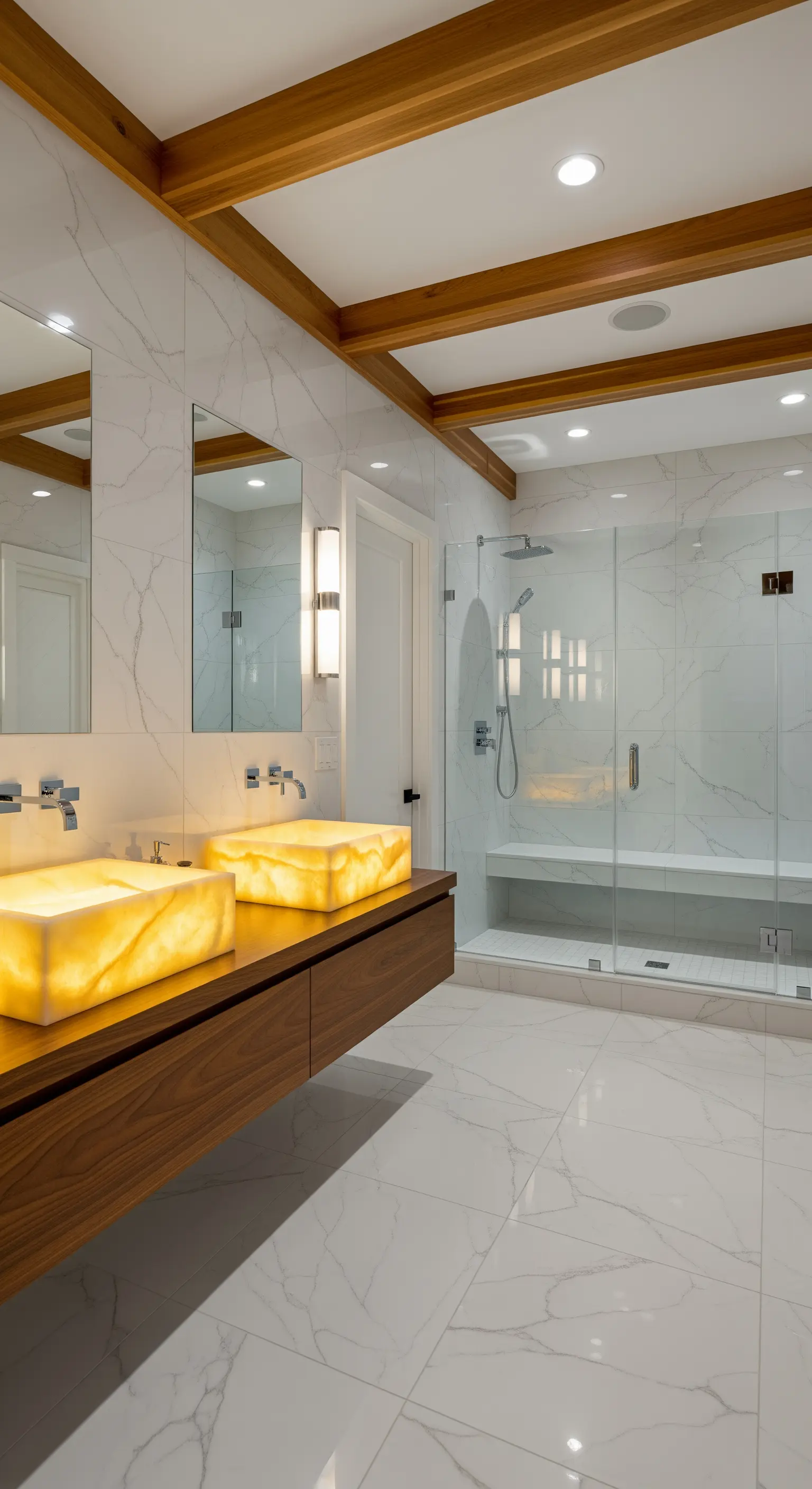 Bagno di lusso con lavabi in onice retroilluminati, rivestimenti in marmo e travi in legno.