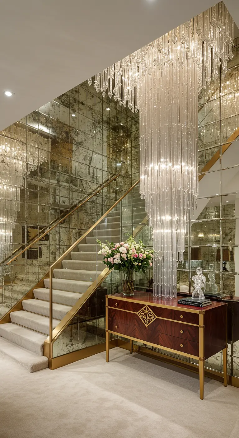 Scala con una parete di specchi anticati e un grande lampadario a cascata in cristallo.