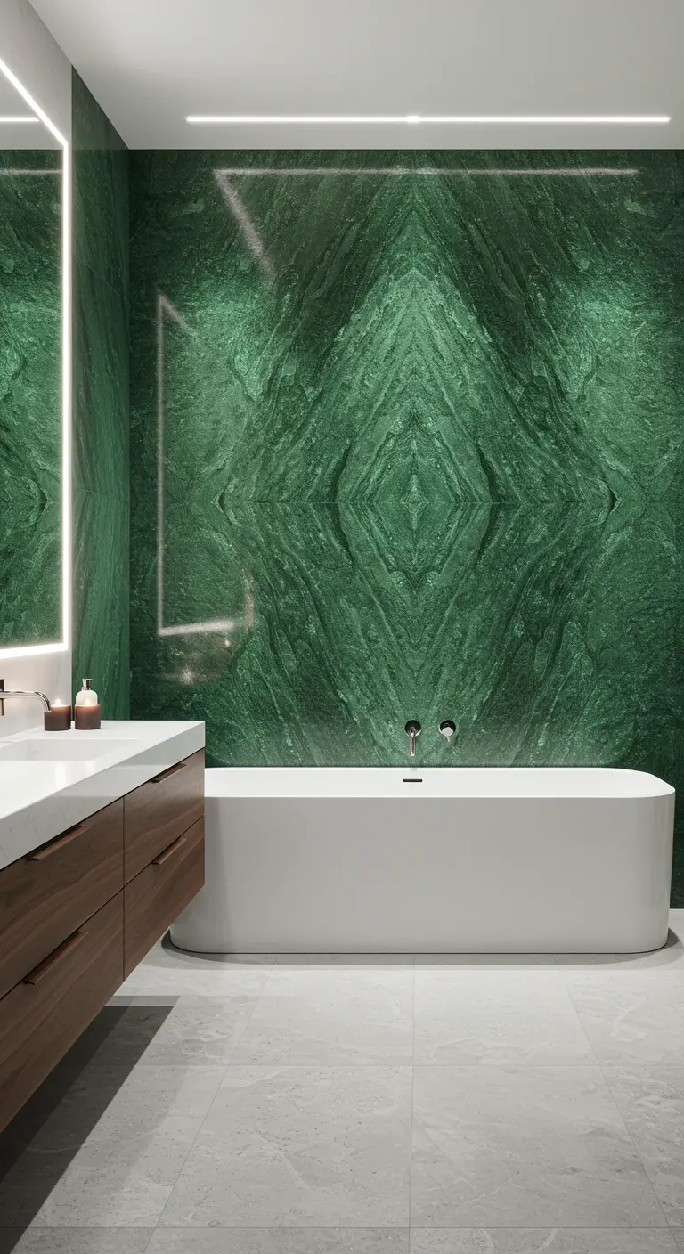 Vasca bianca di fronte a una parete spettacolare in marmo verde posato a macchia aperta.