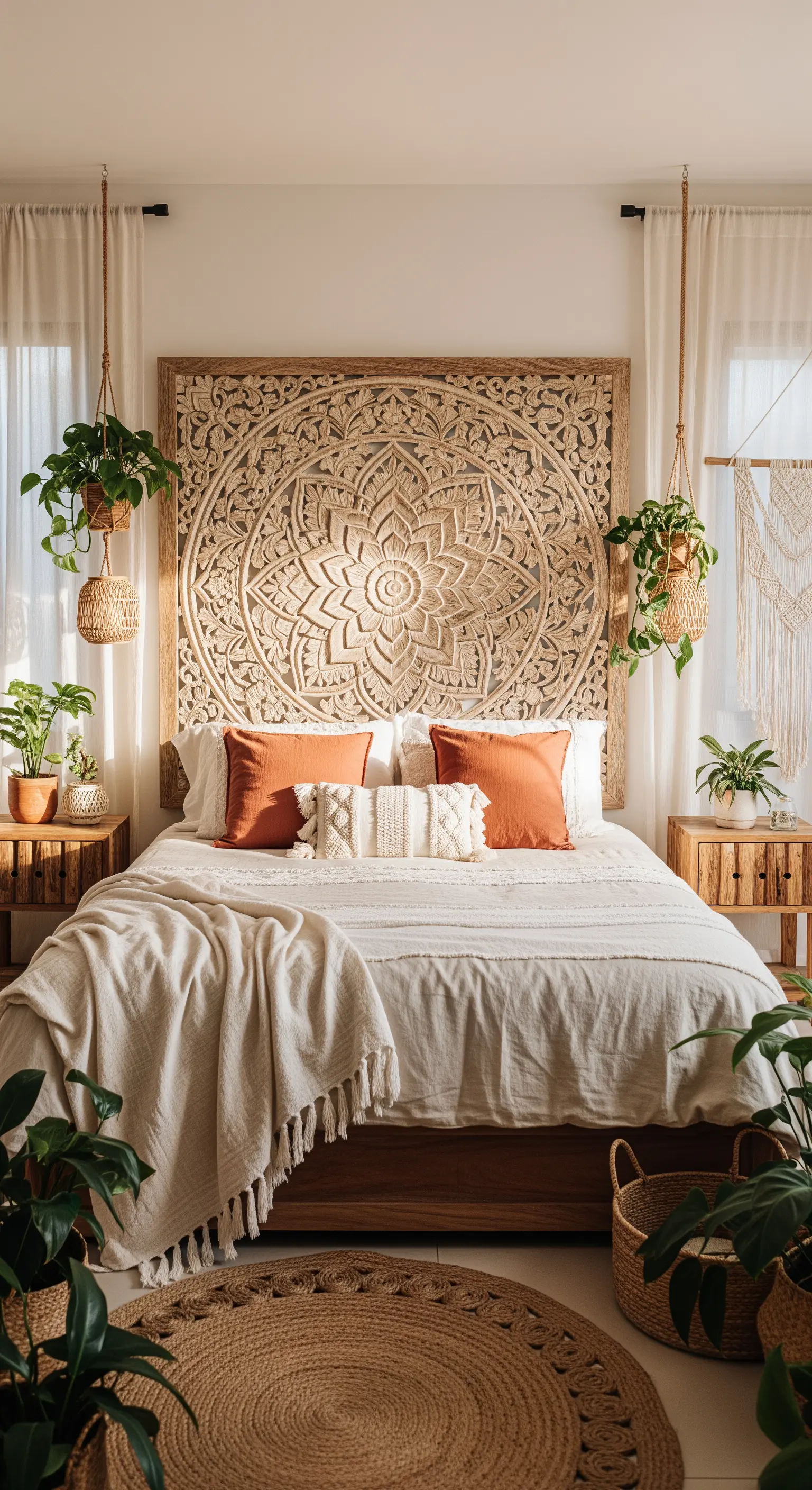 Testiera in legno chiaro intagliata con un grande mandala, in una camera da letto boho-chic.