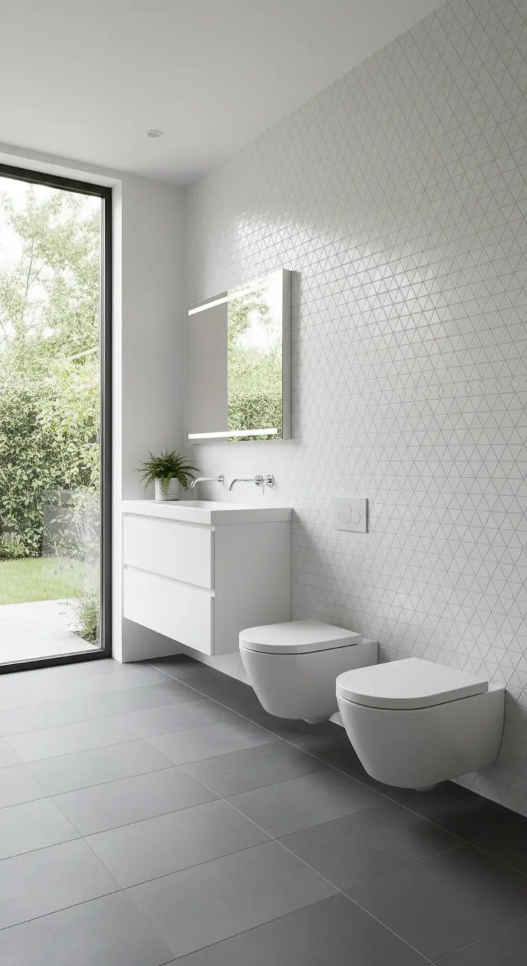 Parete con piccole piastrelle bianche a triangoli in un bagno luminoso e minimale.