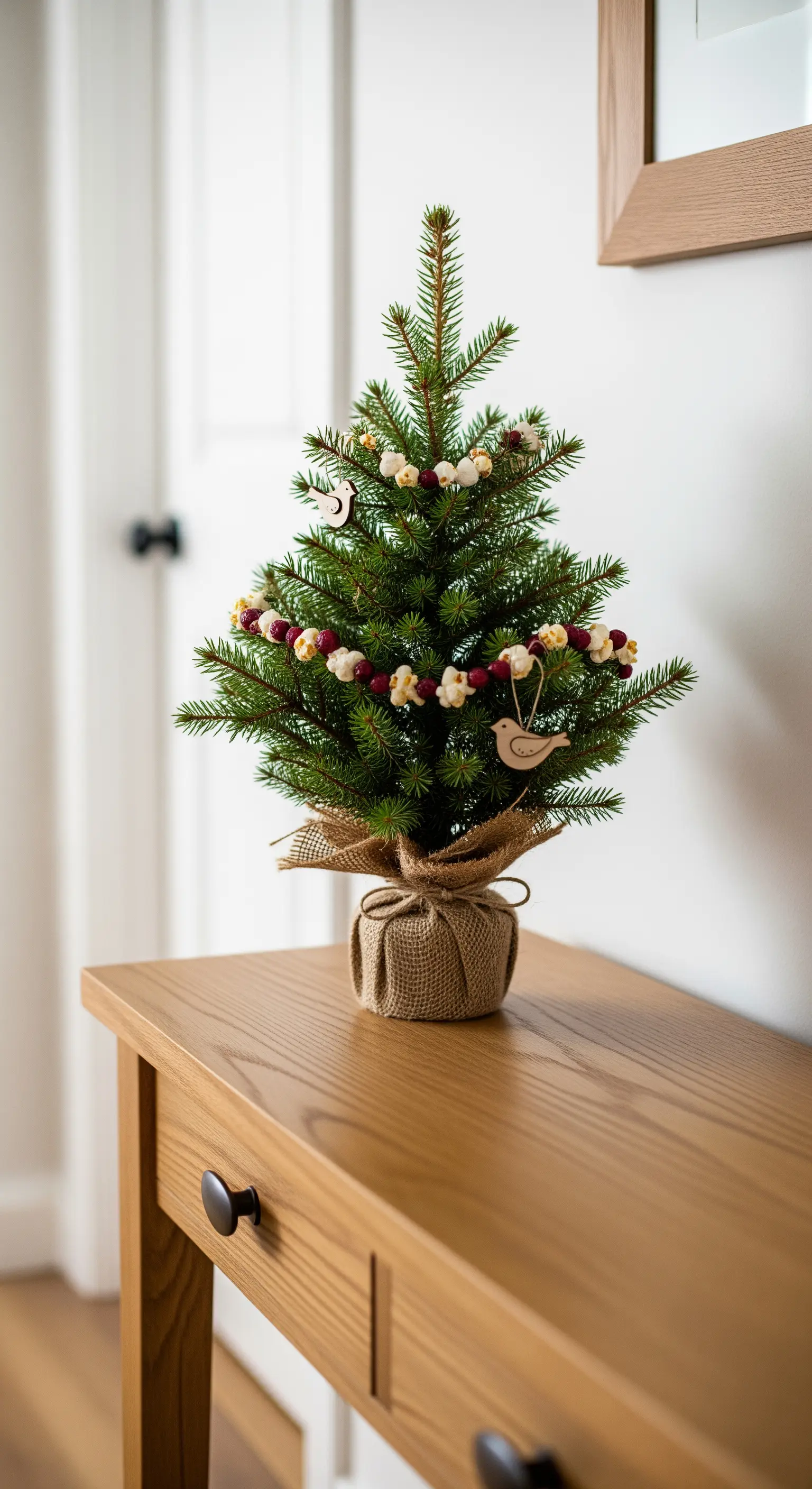 Piccolo albero di Natale in un vaso di juta, decorato con una ghirlanda di popcorn.