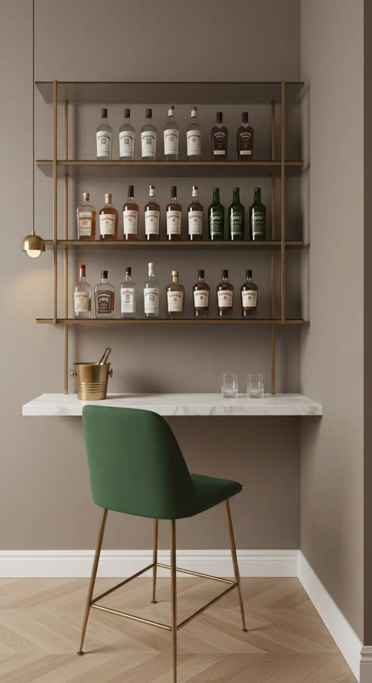 Angolo bar minimale con mensole in ottone, piano in marmo e sgabello in velluto verde.