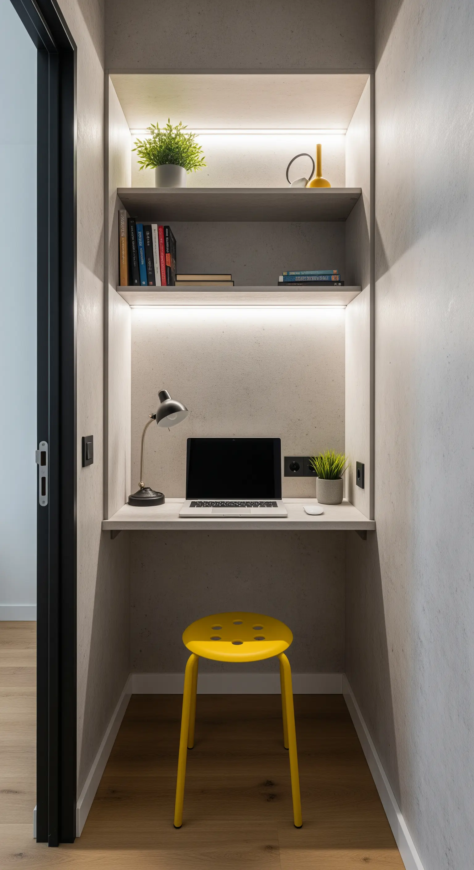 Piccola postazione di lavoro in una nicchia con mensole, illuminazione LED e sgabello giallo.