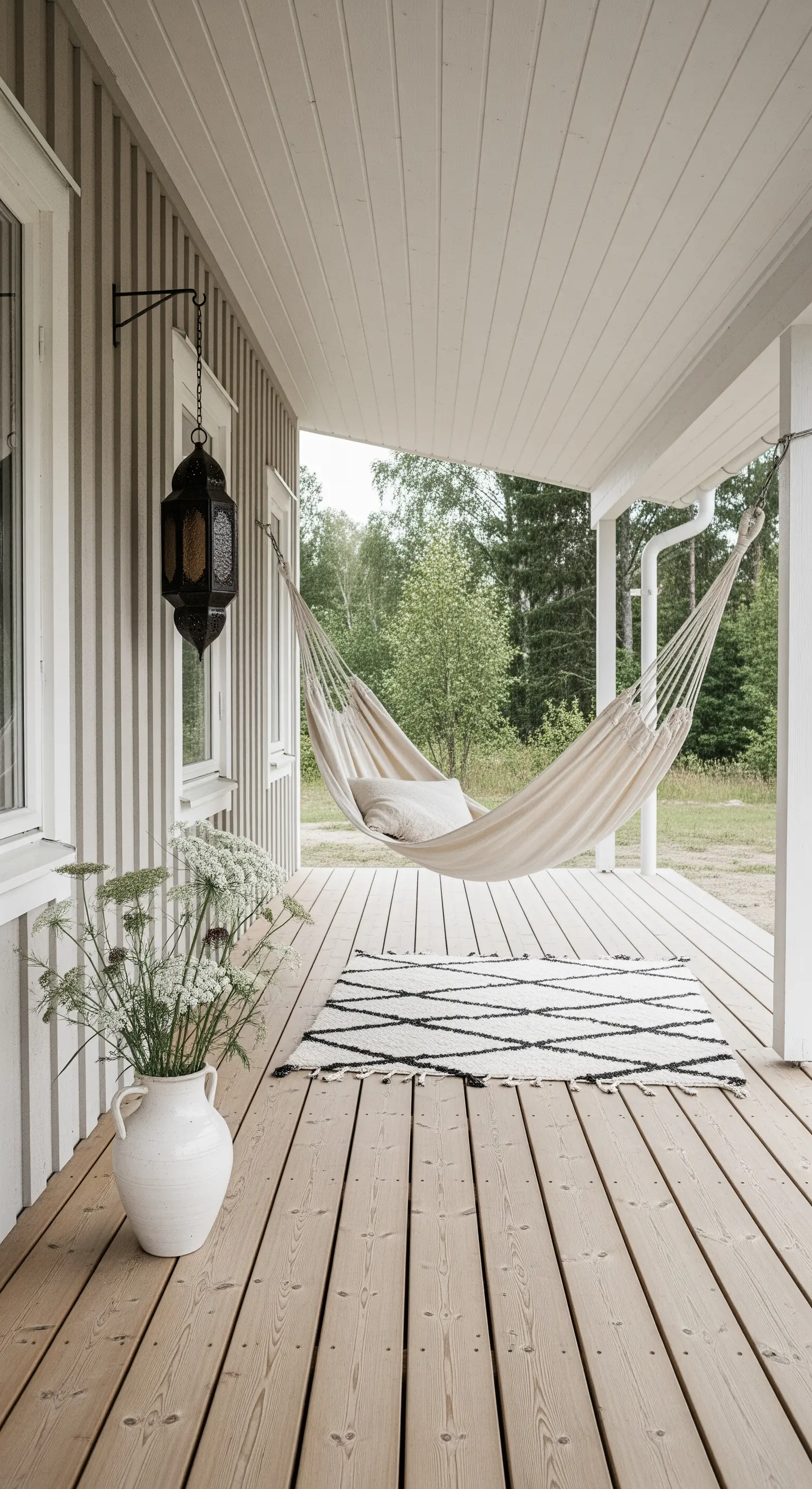 Portico scandinavo con amaca in cotone, tappeto berbero e una singola lanterna nera.