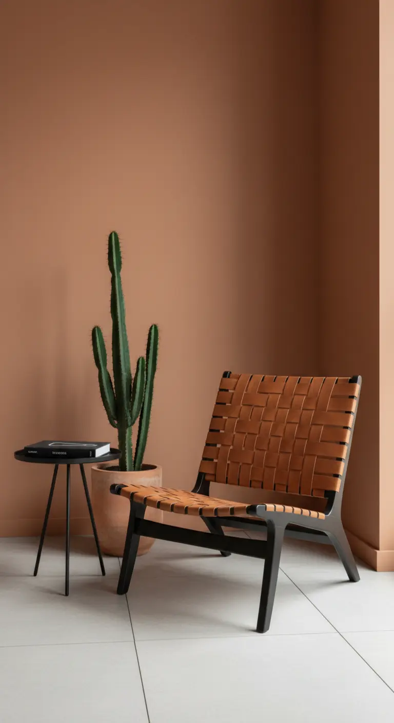 Sedia di design con seduta in cuoio intrecciato e un cactus in un angolo minimalista.