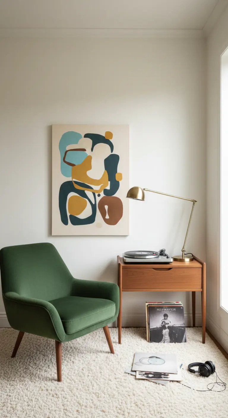 Angolo musica con poltrona in velluto verde, tavolino in legno e lampada in ottone.