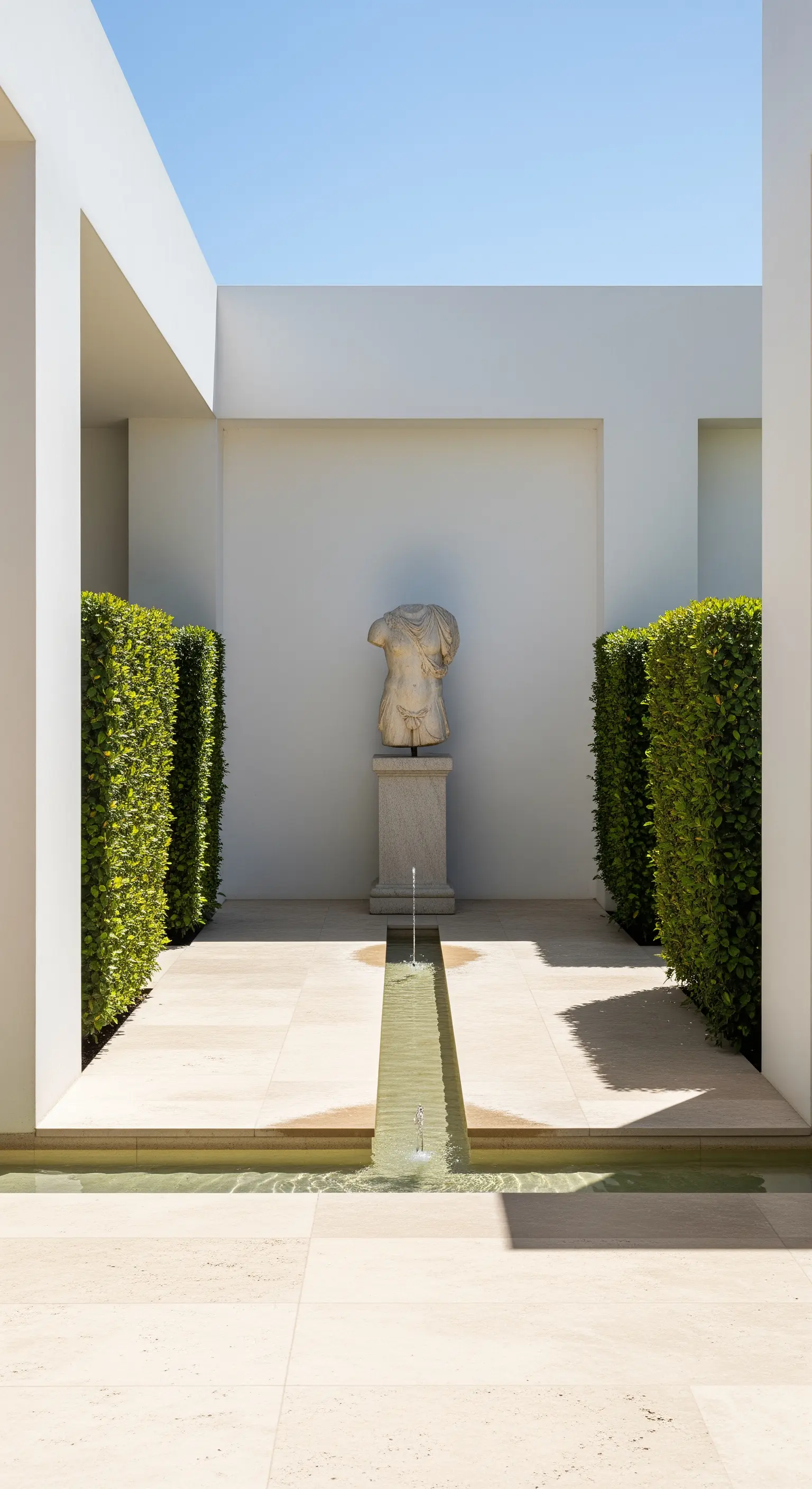 Cortile minimalista con pareti bianche, siepi, una scultura e un canale d'acqua.
