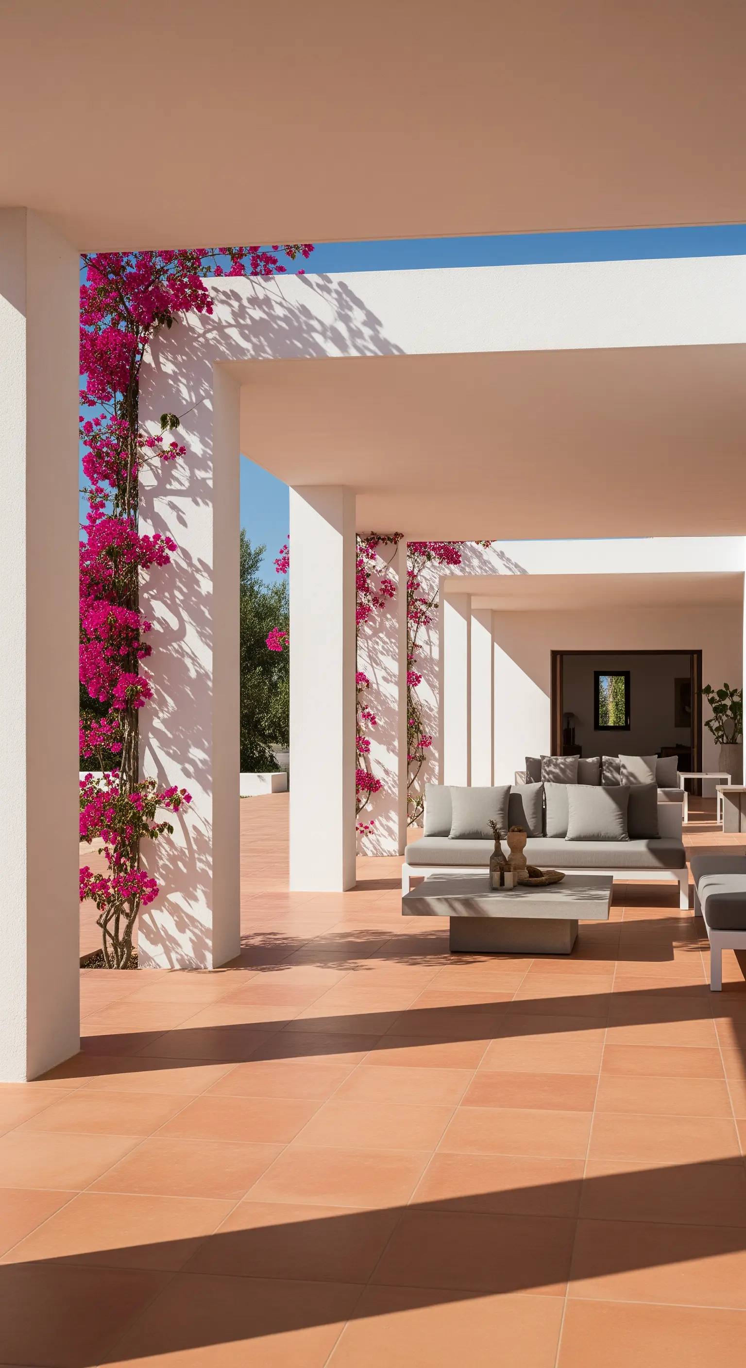 Portico moderno con colonne squadrate, divani grigi minimalisti e bouganville rosa