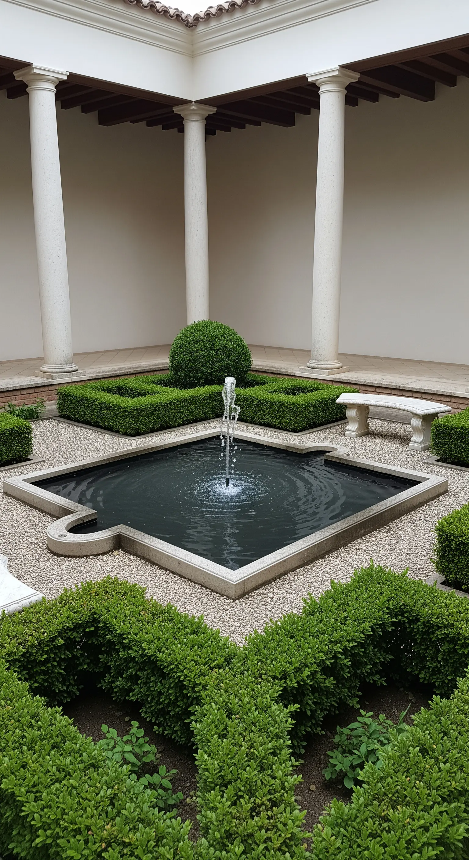 Cortile minimalista con fontana a getto singolo in una vasca scura e siepi geometriche.