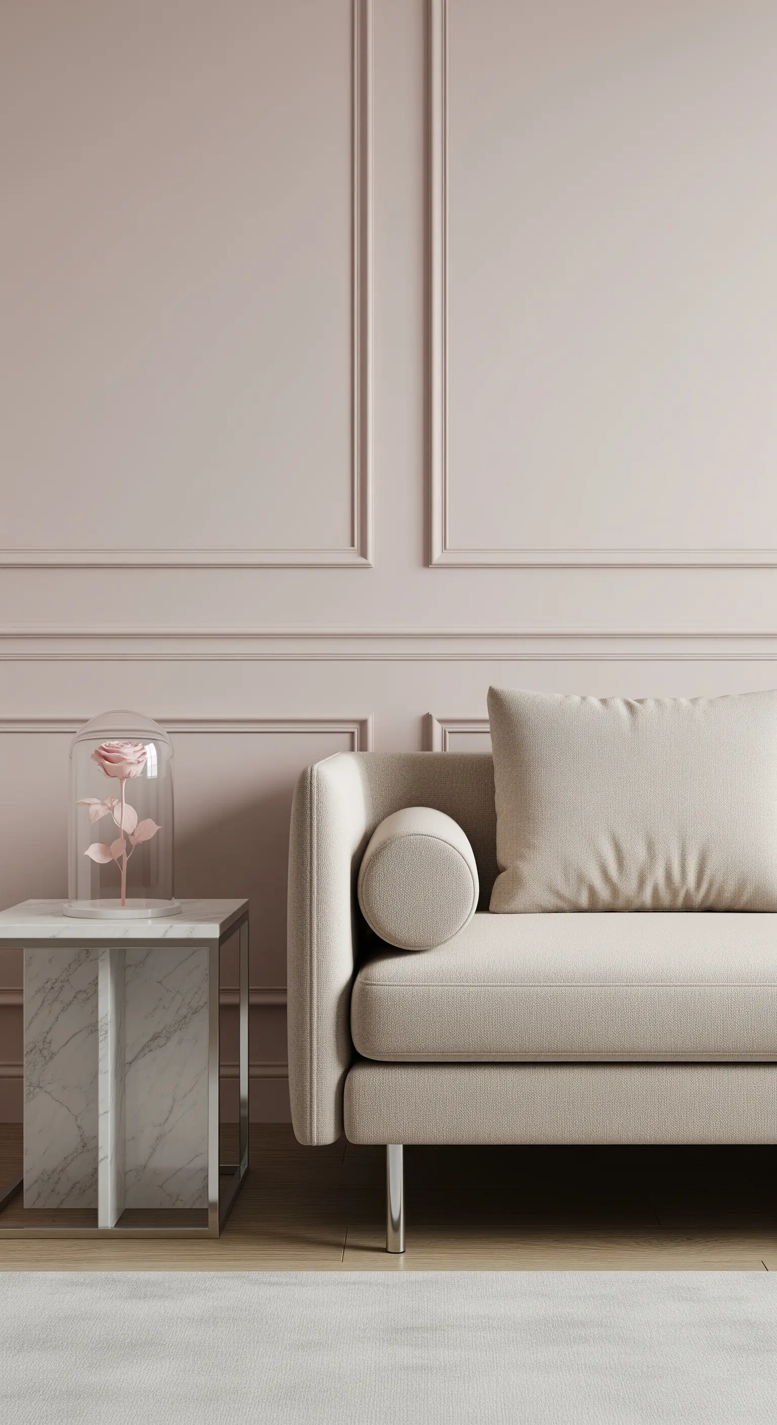 Dettaglio di un divano beige accanto a un tavolino in marmo con una rosa sotto una campana di vetro.