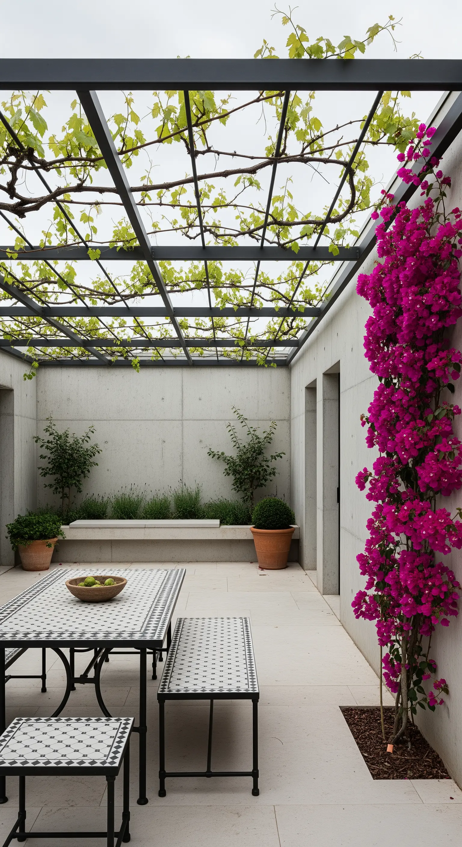 Patio moderno in cemento con pergola in metallo e una singola bouganville fucsia.