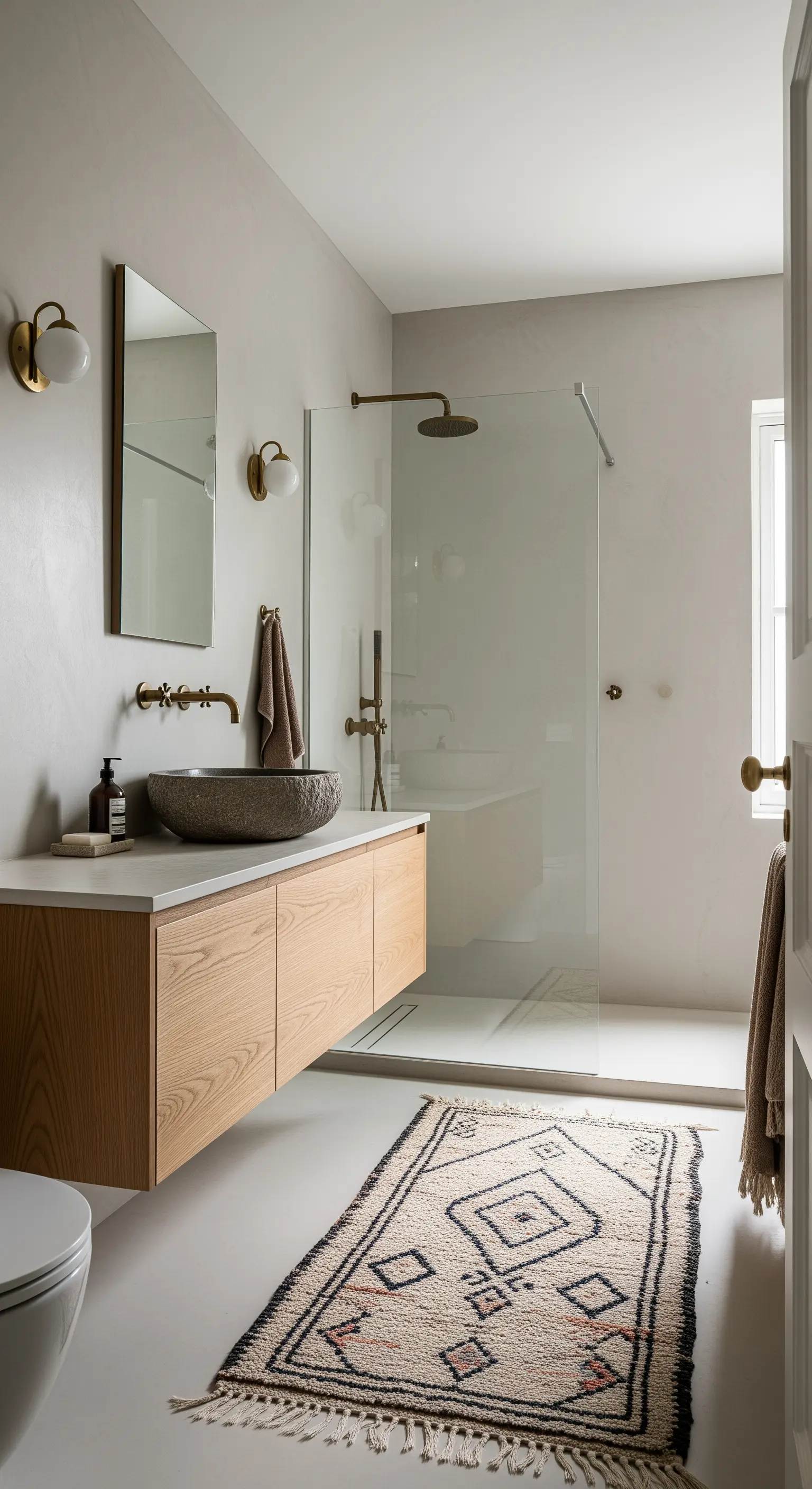 Bagno minimalista con mobile in legno, lavabo in pietra e un tappeto berbero sul pavimento.