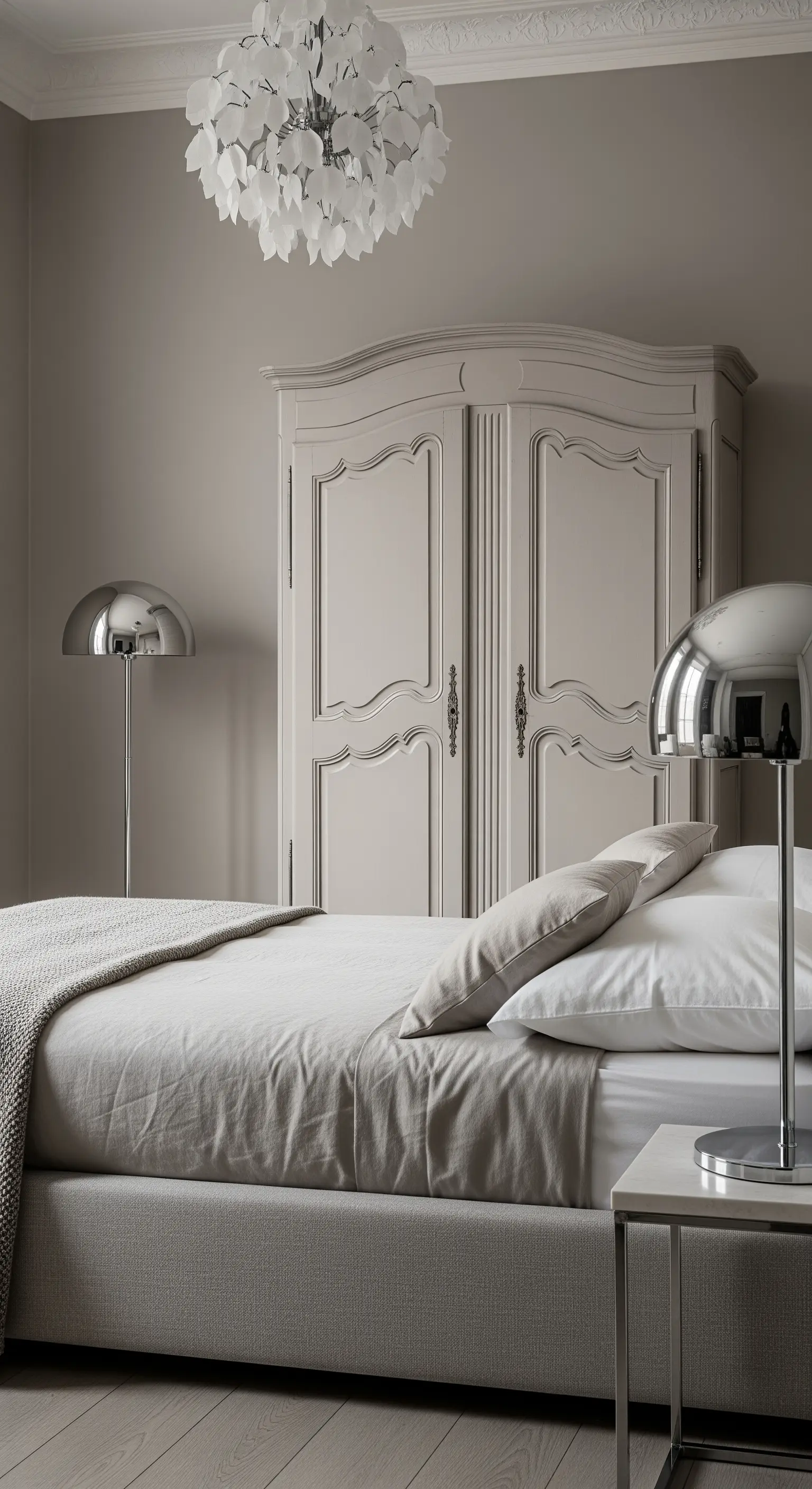Armadio classico verniciato di grigio con lampade moderne cromate in una camera da letto monocromatica.