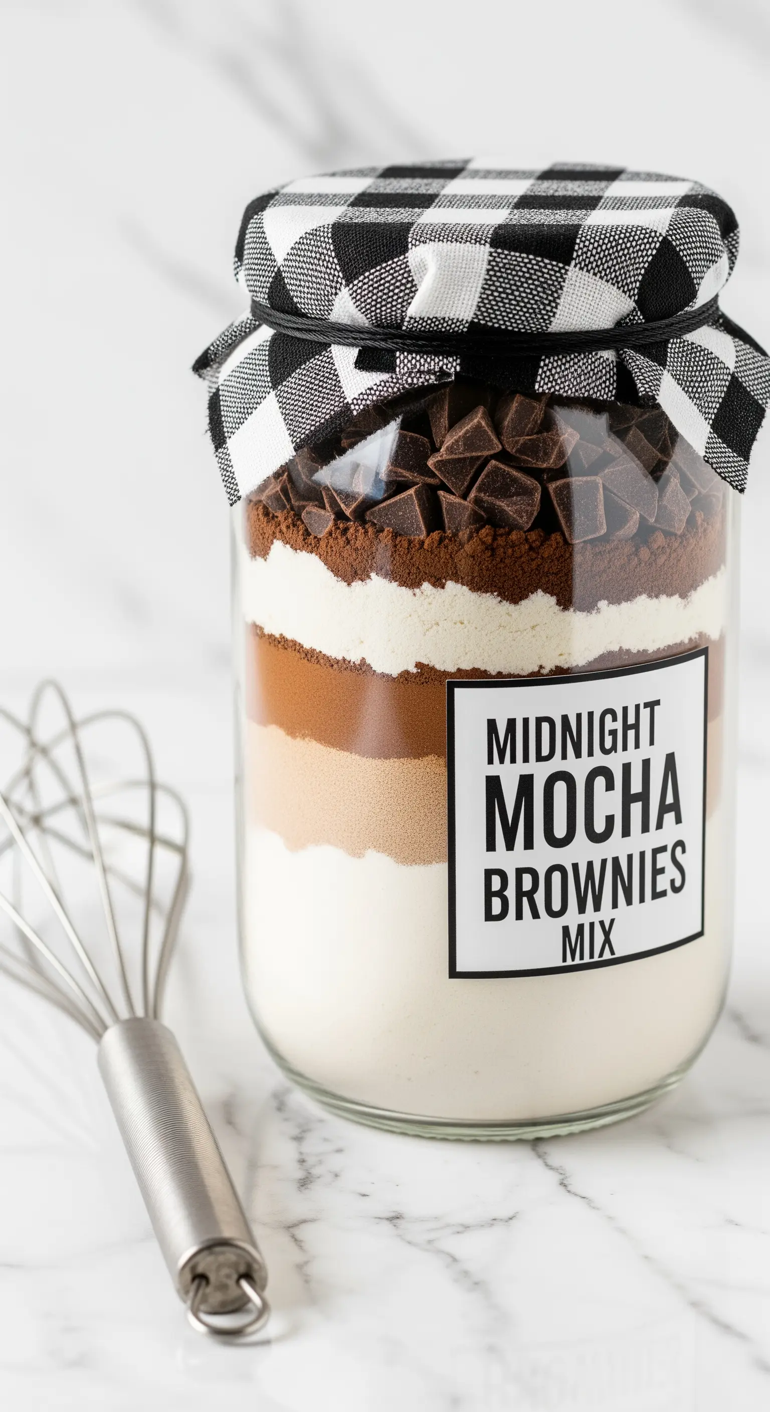 Preparato per brownie al caffè in barattolo con coperchio a quadri e frusta da cucina.