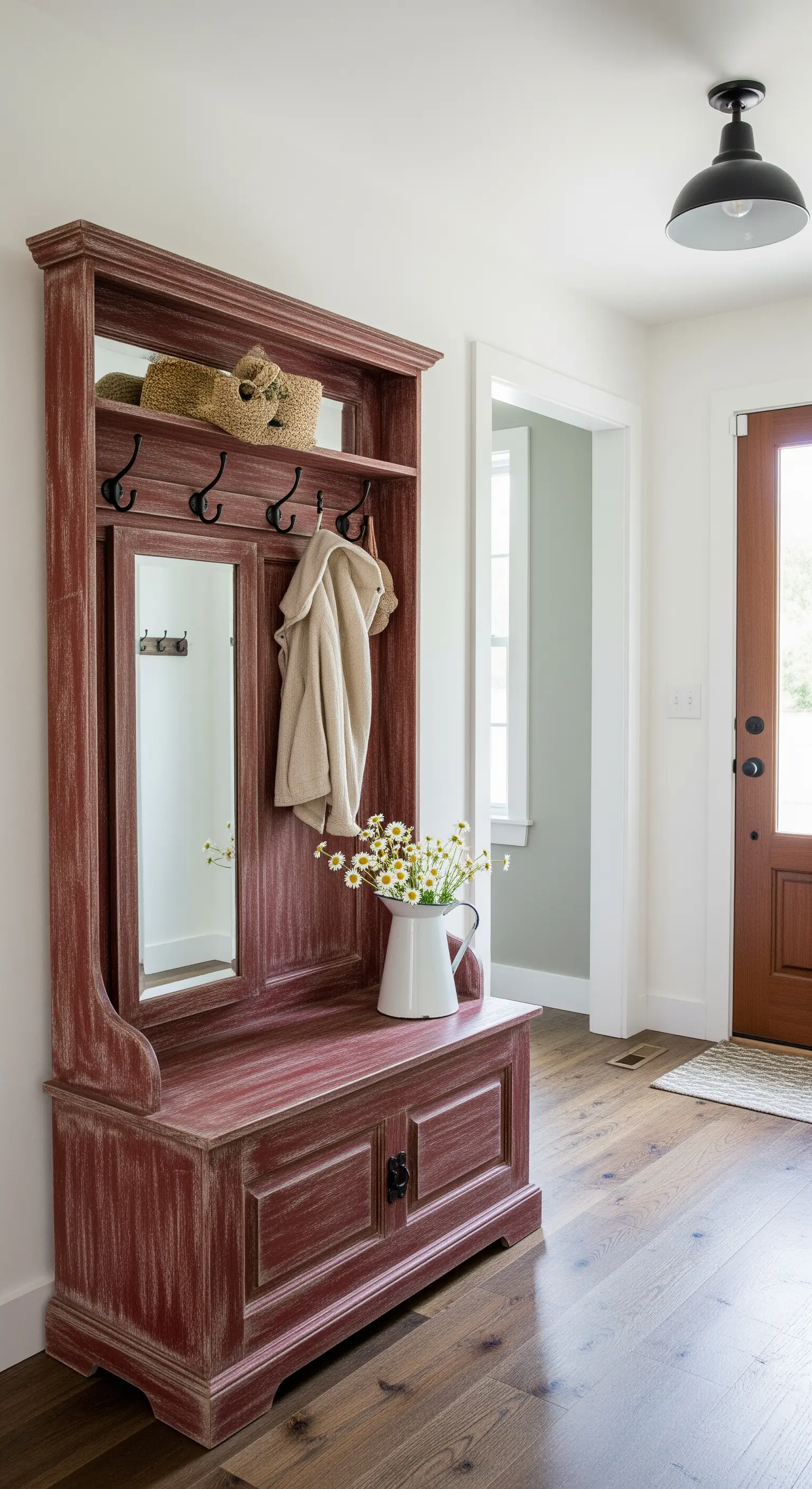 Mobile appendiabiti verticale in legno rosso decapé con specchio integrato e panca.