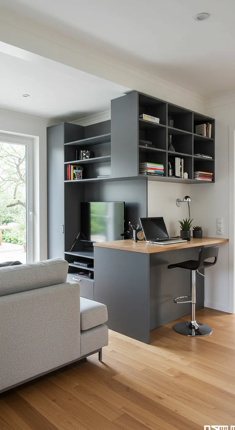 Libreria grigia usata come divisorio con scrivania integrata su un lato.