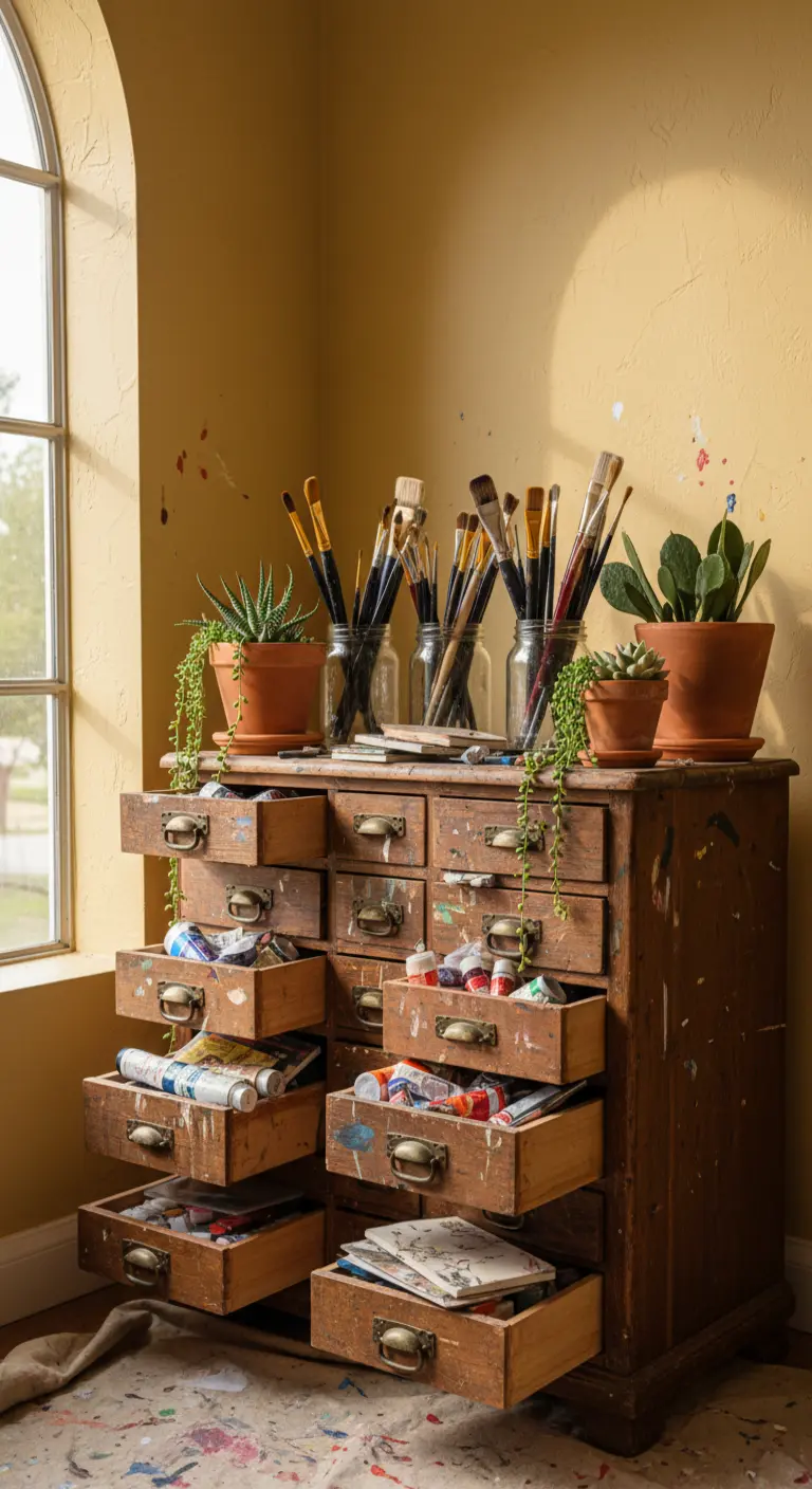 Vecchio cassettone da farmacista con cassetti aperti pieni di tubetti di colore e pennelli.