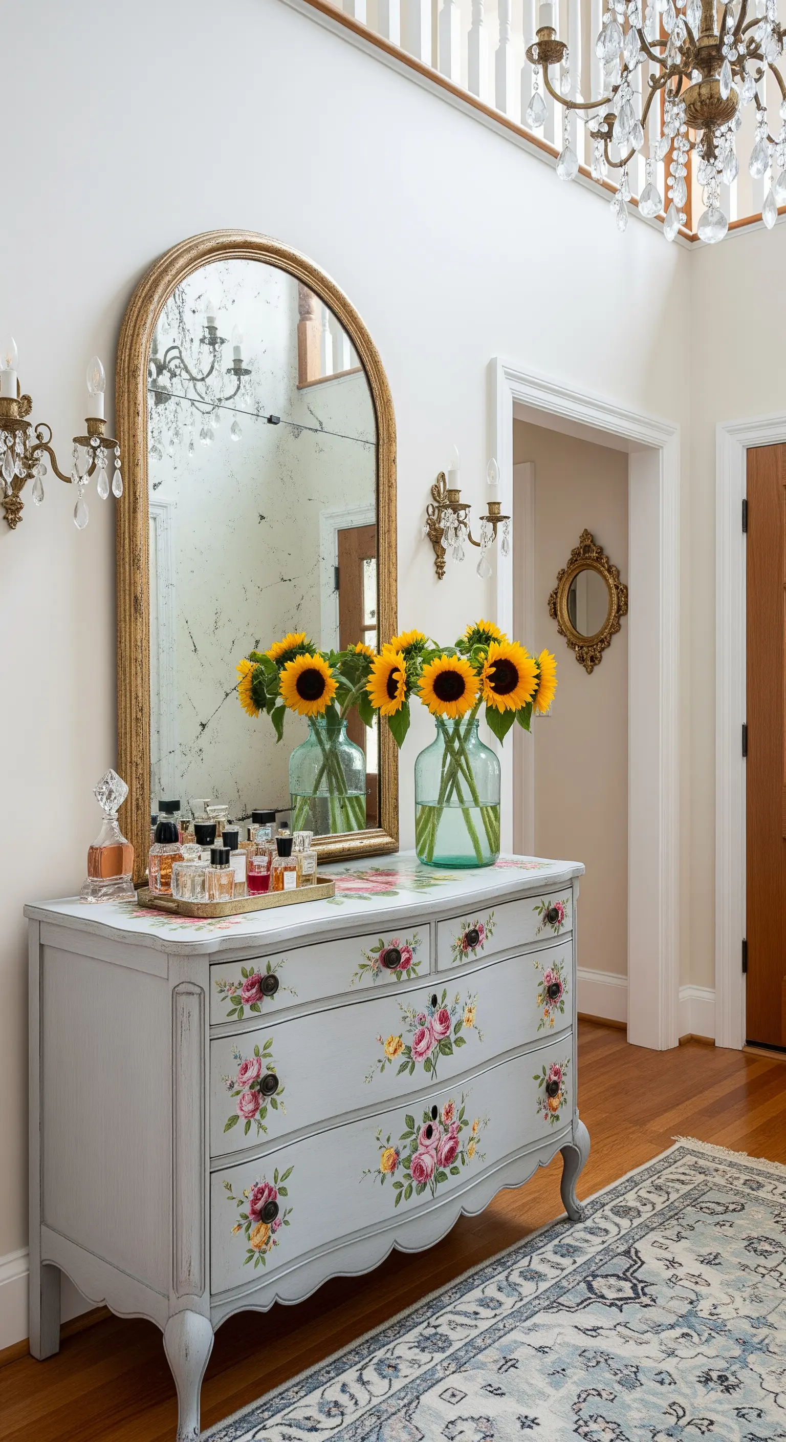 Comò celeste dipinto a fiori con specchio ad arco dorato e un grande vaso di girasoli.