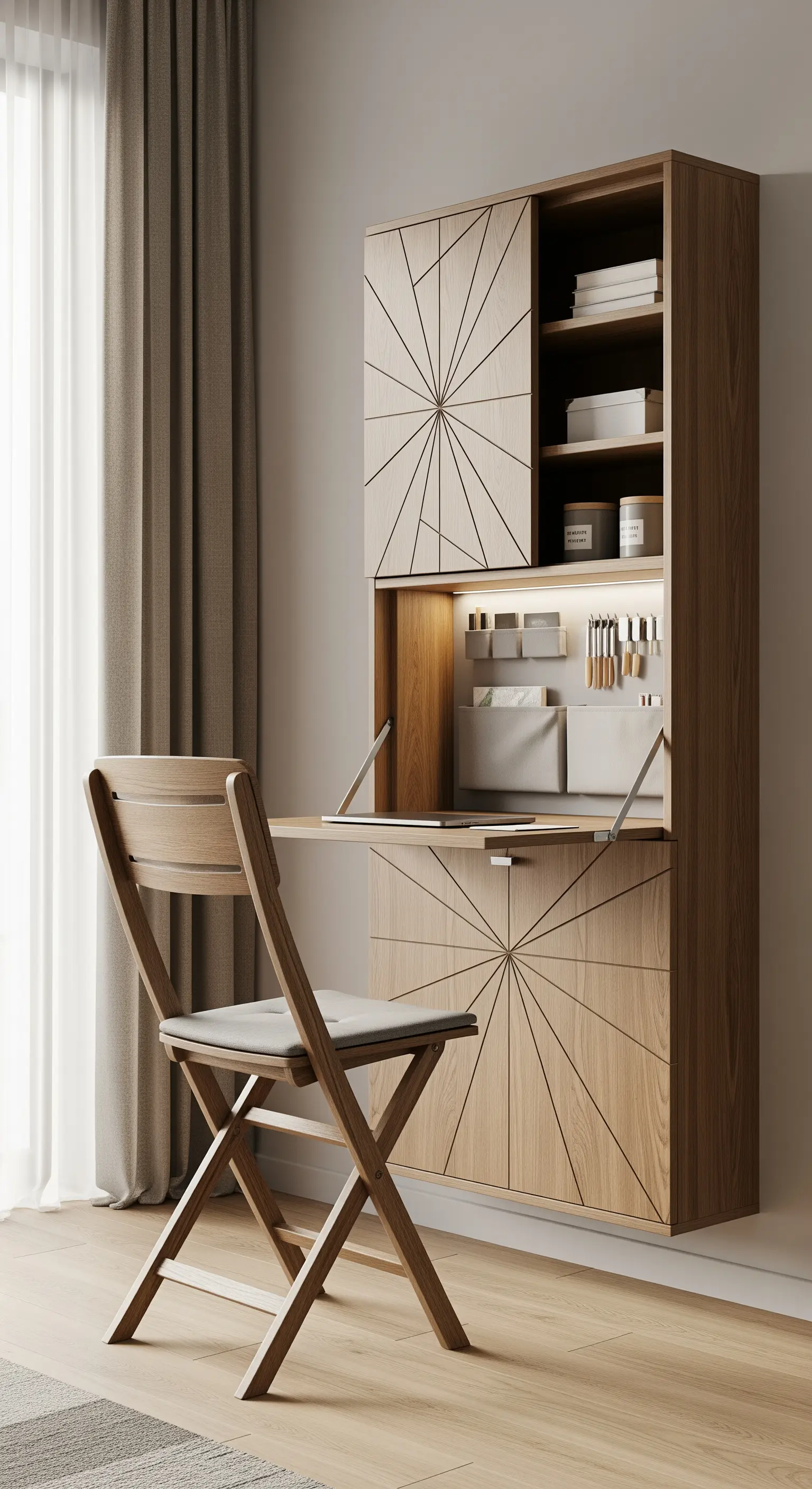 Mobile contenitore sospeso in legno con ante decorate, che si apre rivelando una scrivania.