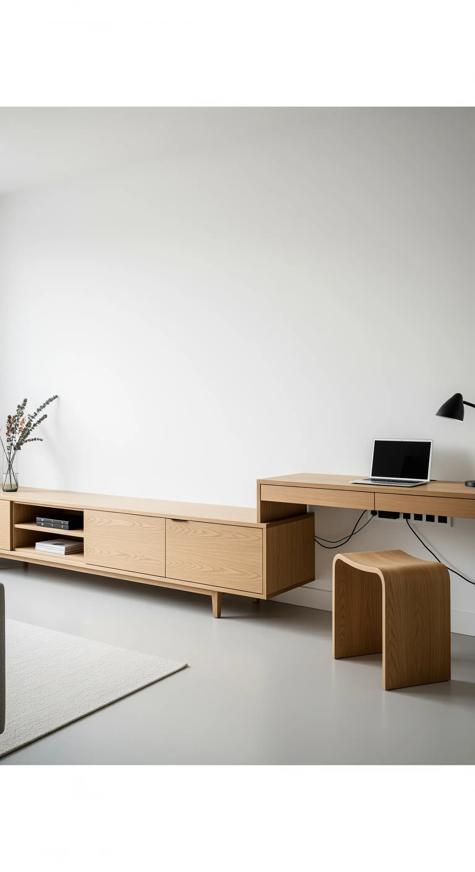 Mobile TV in legno chiaro che si trasforma in una scrivania con sgabello coordinato.