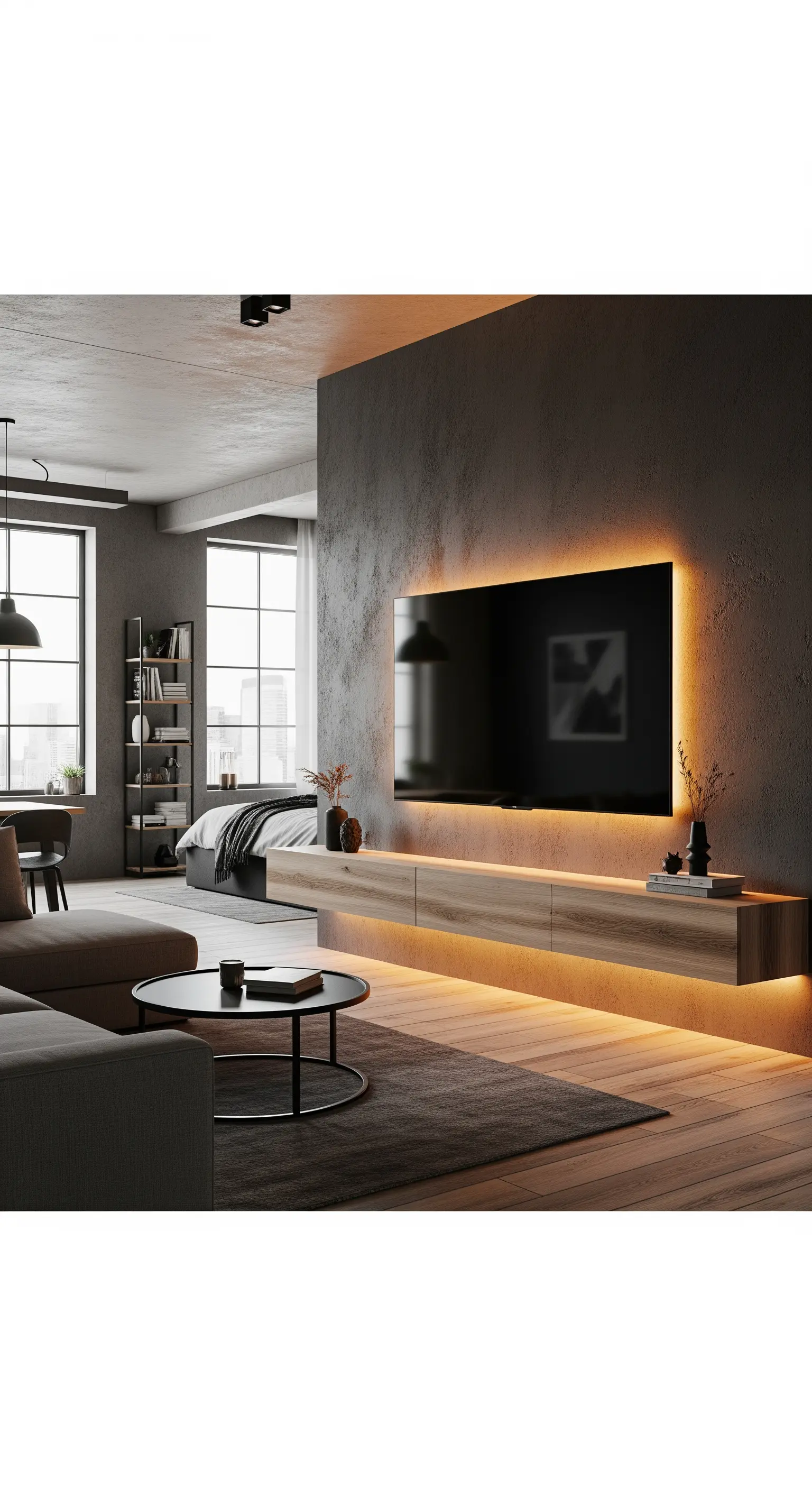 Mobile TV sospeso in legno con retroilluminazione a LED su parete effetto cemento.