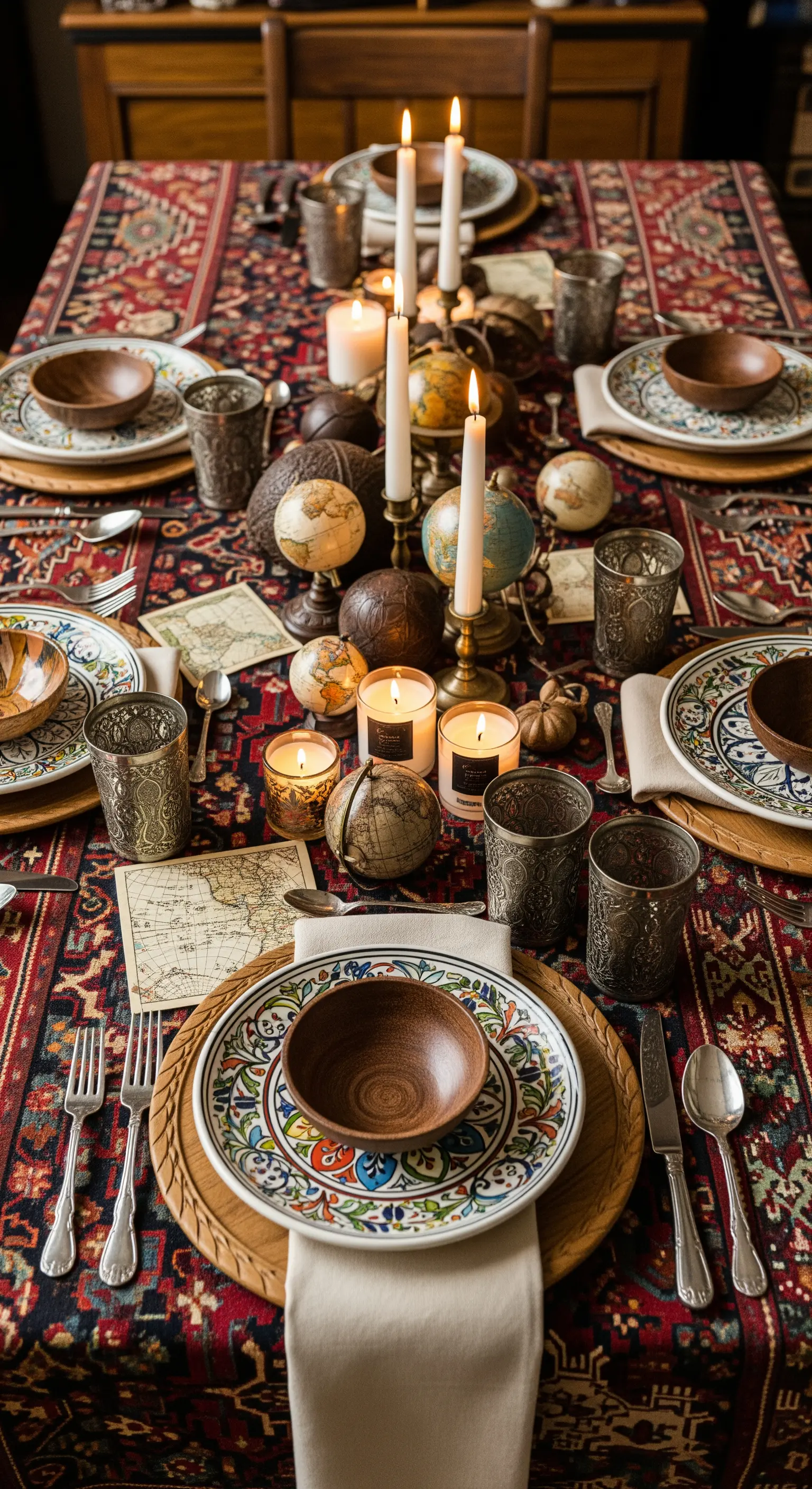 Tavola con tappeto persiano come tovaglia, mappamondi vintage e piatti etnici