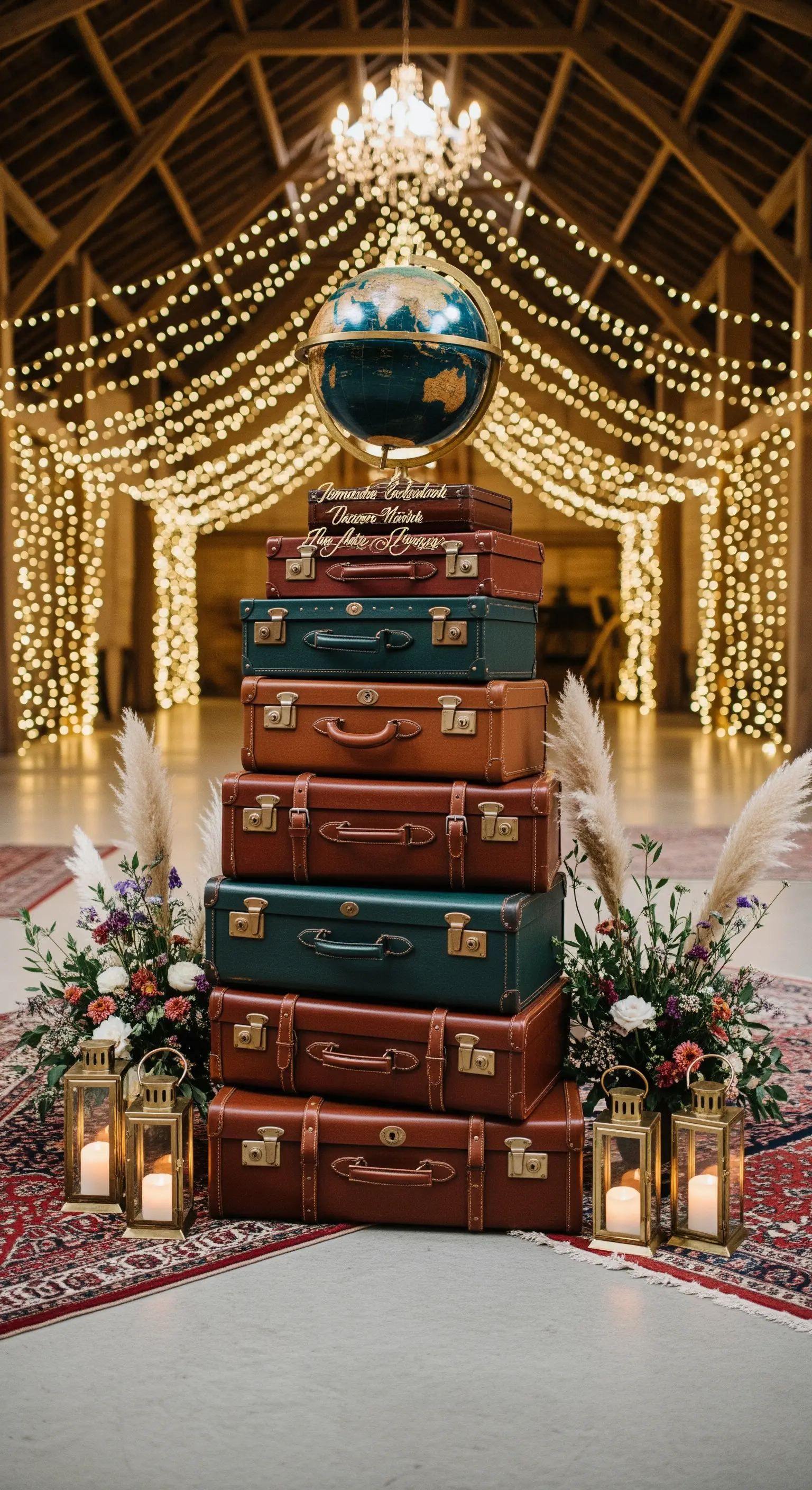 Scenografia di benvenuto con valigie vintage impilate, un mappamondo e lucine calde.
