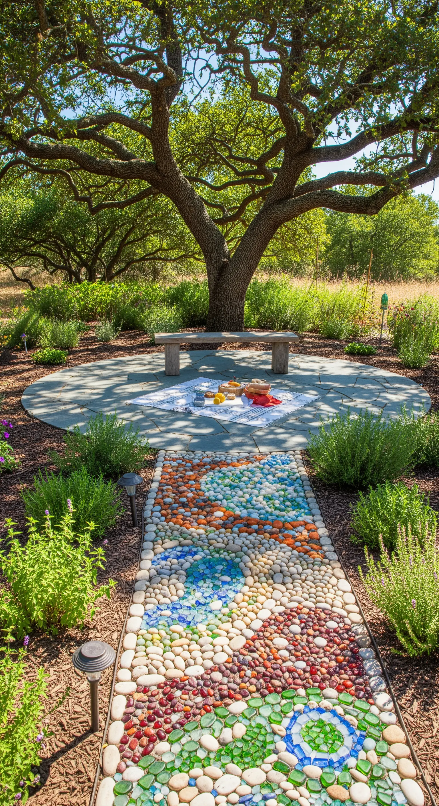 Sentiero a mosaico con ciottoli colorati che conduce a una panca in un patio circolare.
