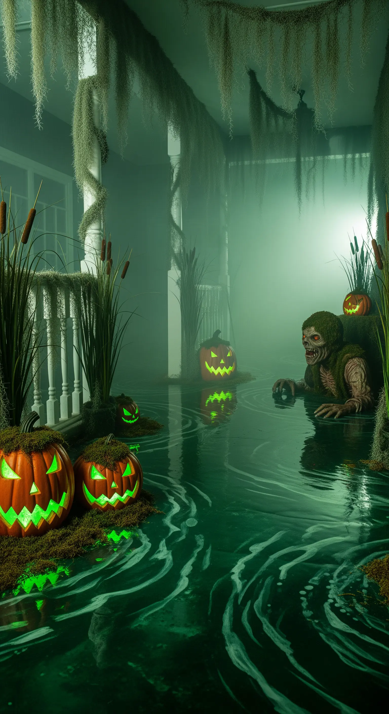 Un mostro emerge da una palude nebbiosa ricreata sul pavimento di un portico, con zucche verdi.