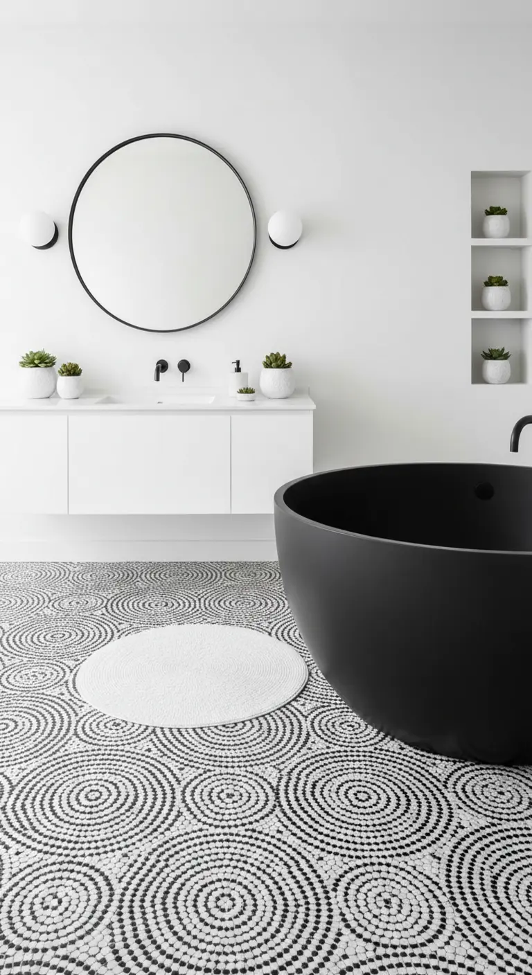Pavimento a mosaico con cerchi concentrici in bianco e nero e vasca freestanding nera.