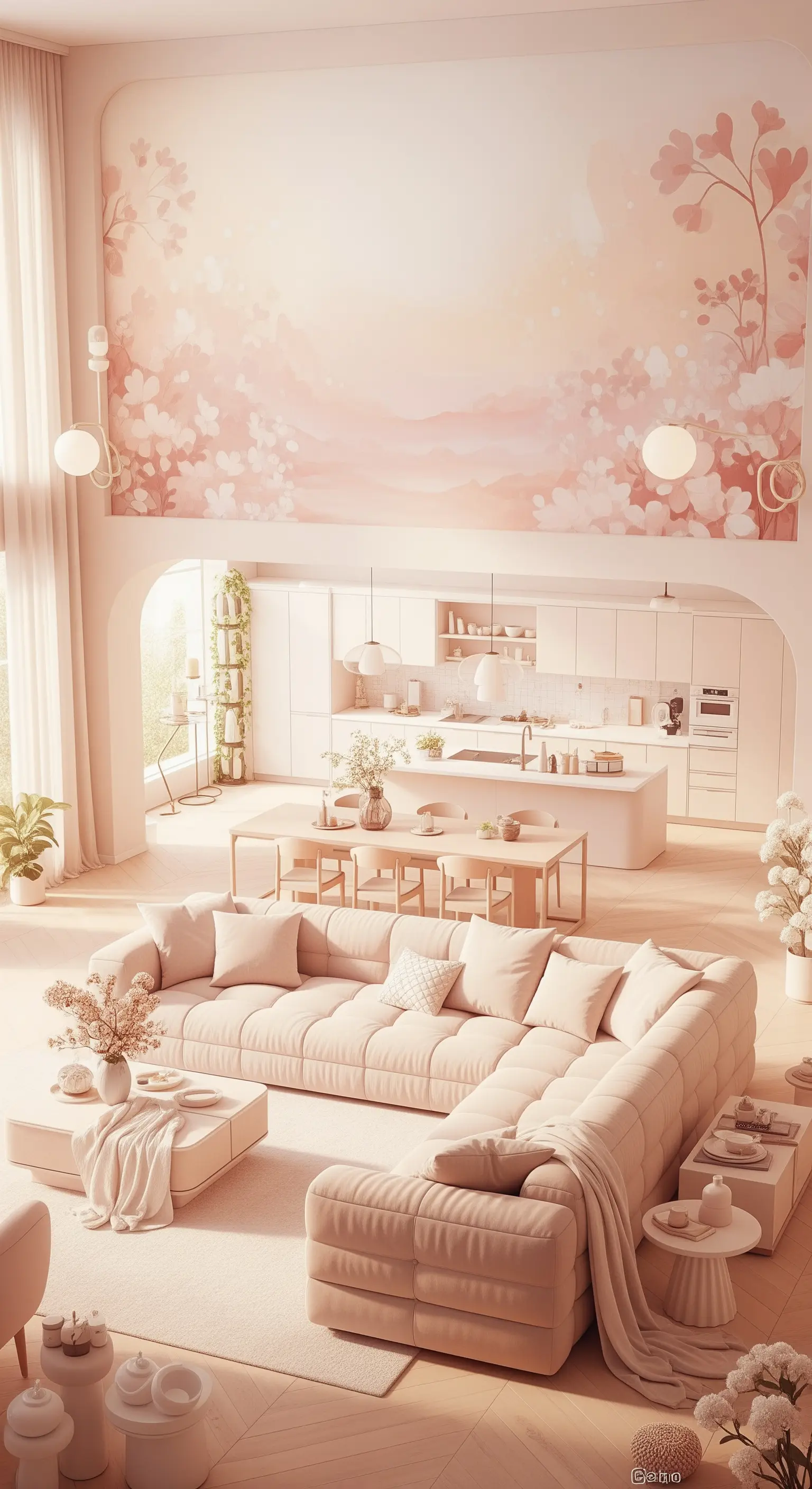 Ampio open space con un grande murale floreale rosa pesca dietro la zona cucina e living.