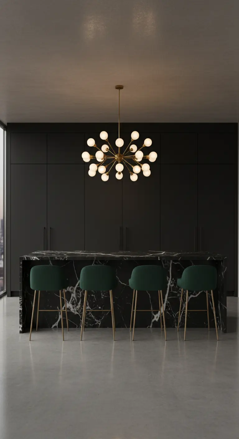 Cucina total black con isola in marmo, lampadario dorato a sfera e sgabelli in velluto verde.