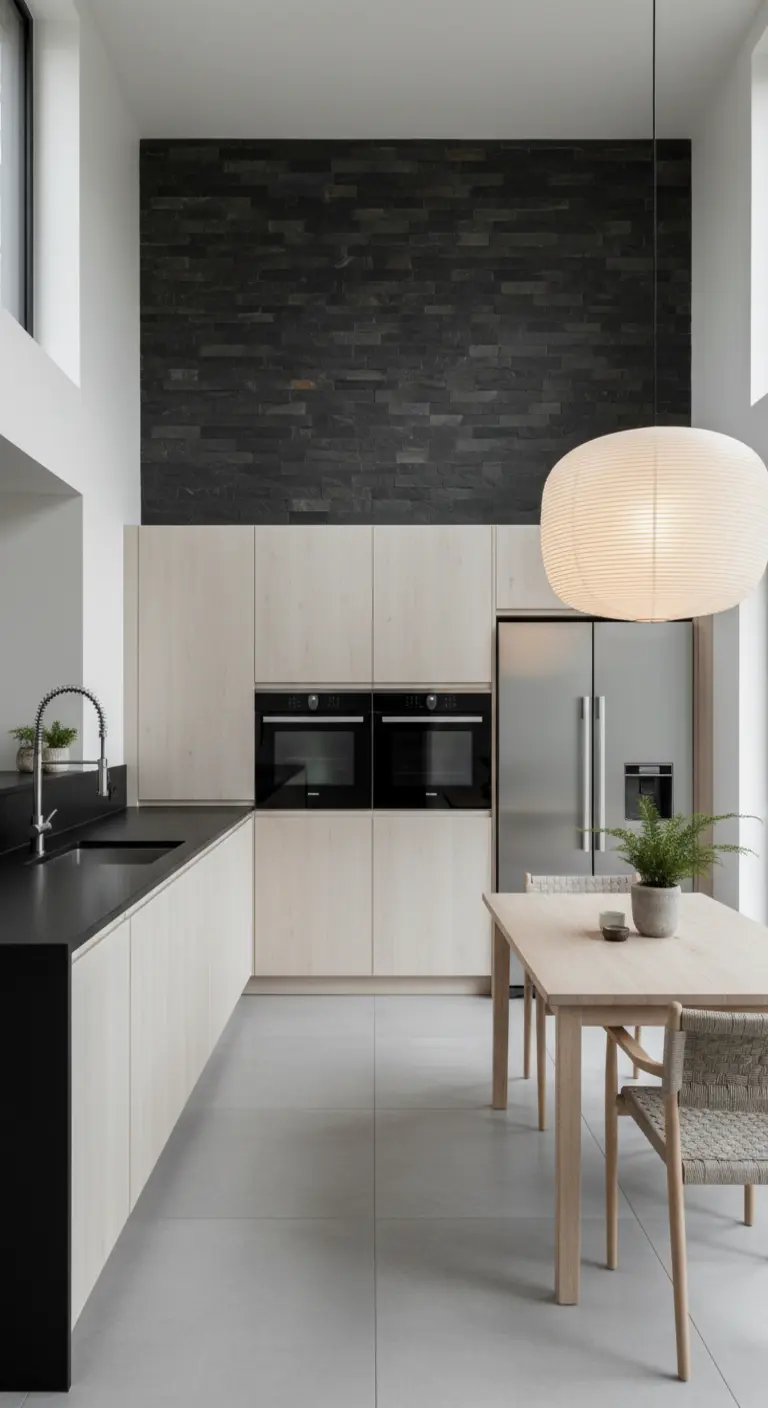 Cucina minimalista con parete in ardesia nera, mobili in legno chiaro e grande lampada di carta.