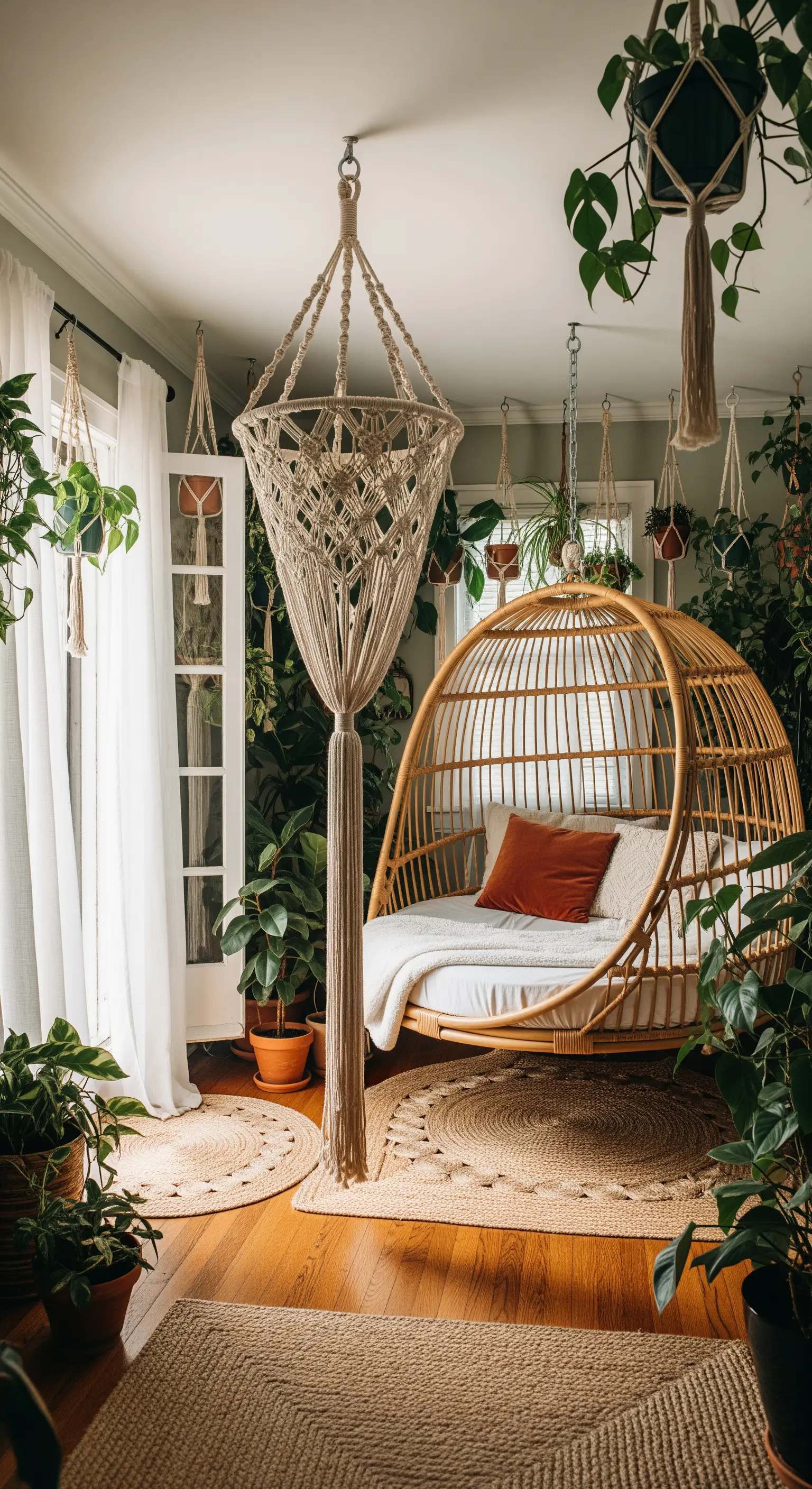 Letto a uovo sospeso in rattan, circondato da piante e decorazioni in macramè.