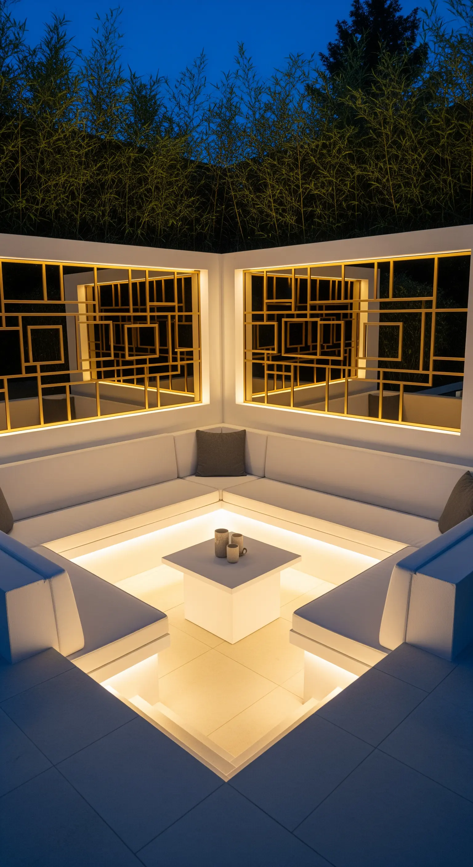 Salotto esterno incassato con divani bianchi e illuminazione a LED integrata sotto le sedute.