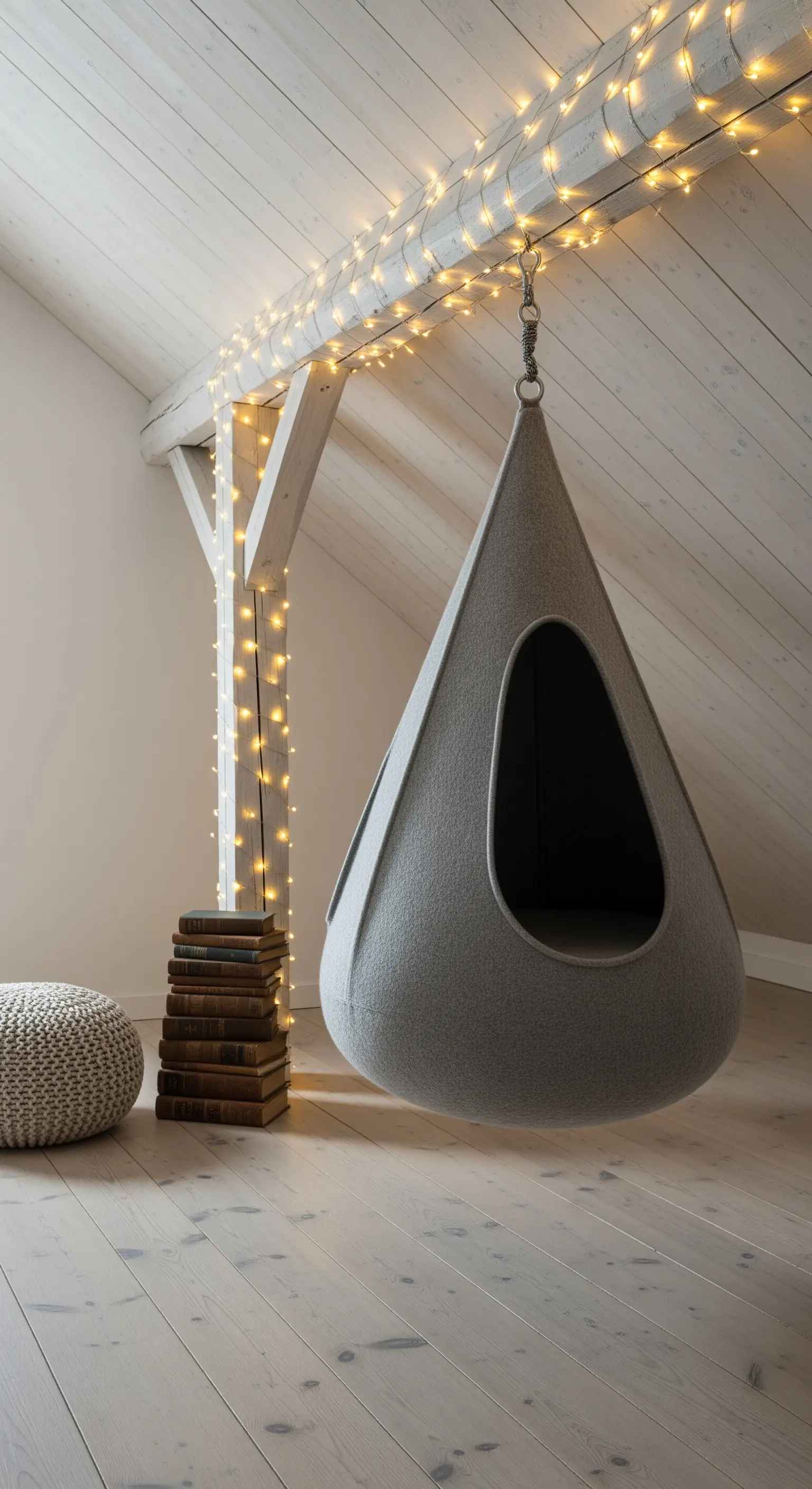 Poltrona sospesa a bozzolo in feltro grigio appesa a una trave in una mansarda.