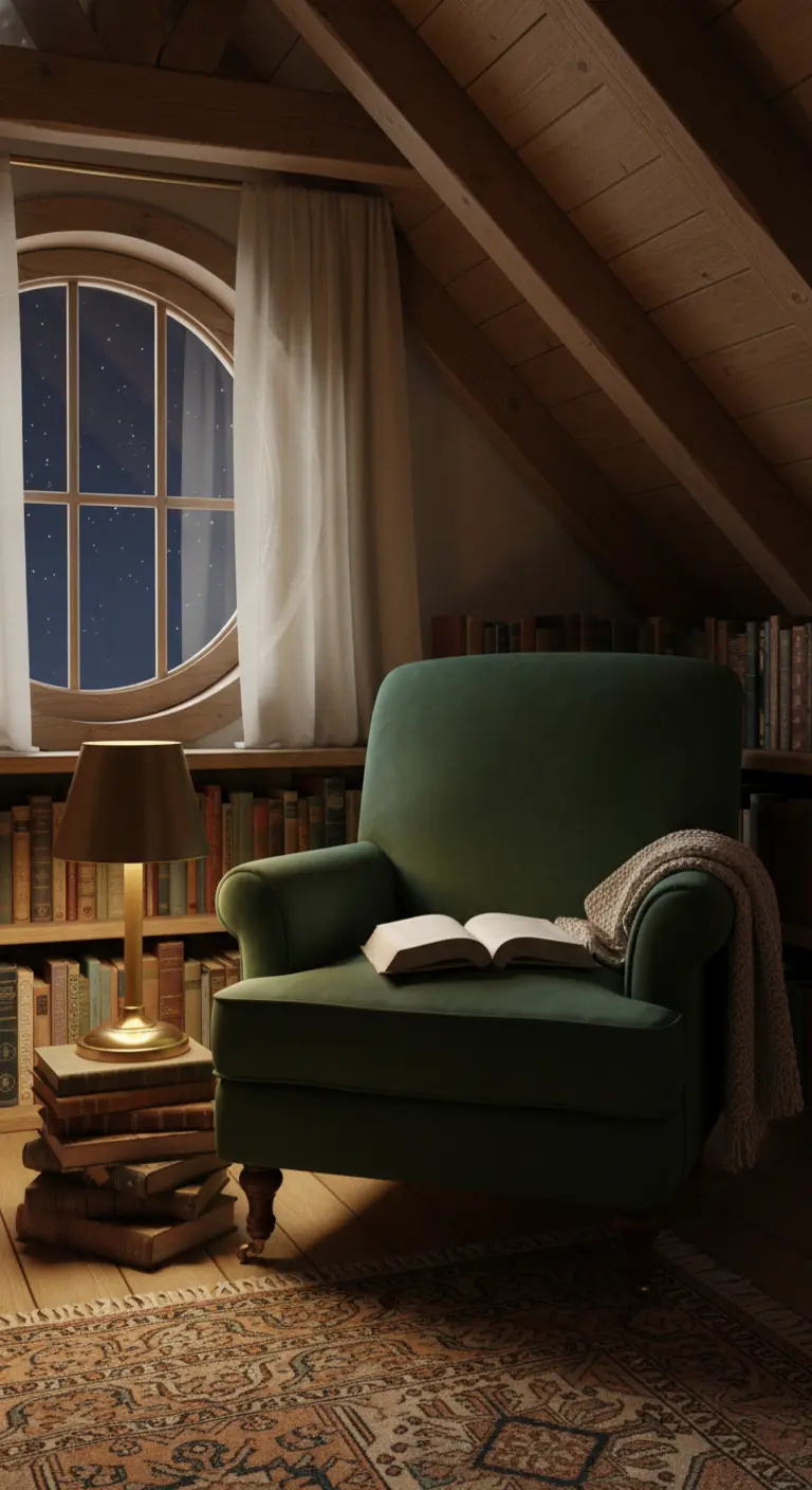 Accogliente angolo lettura in una mansarda con poltrona in velluto verde e finestra rotonda.