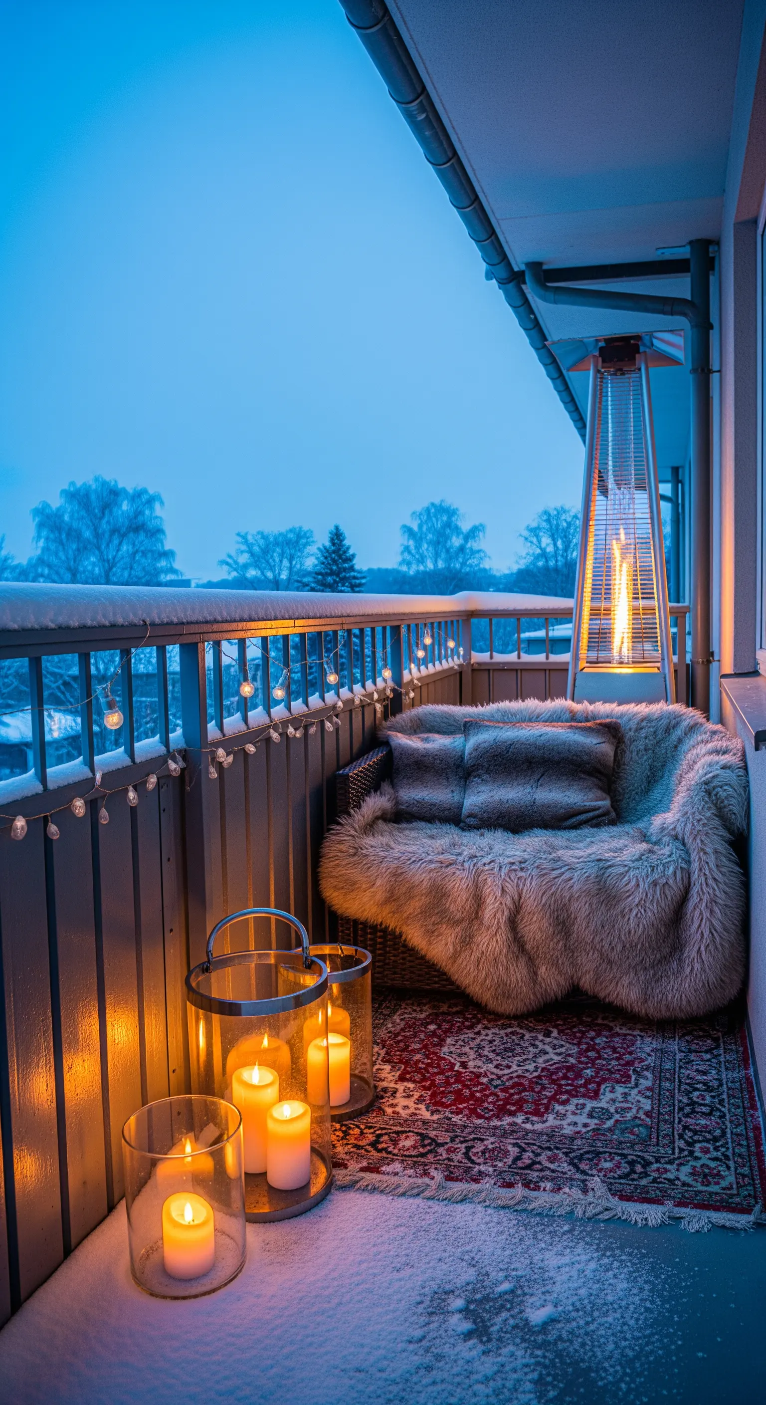 Balcone innevato con stufa, divanetto con pelliccia e tappeto rosso.