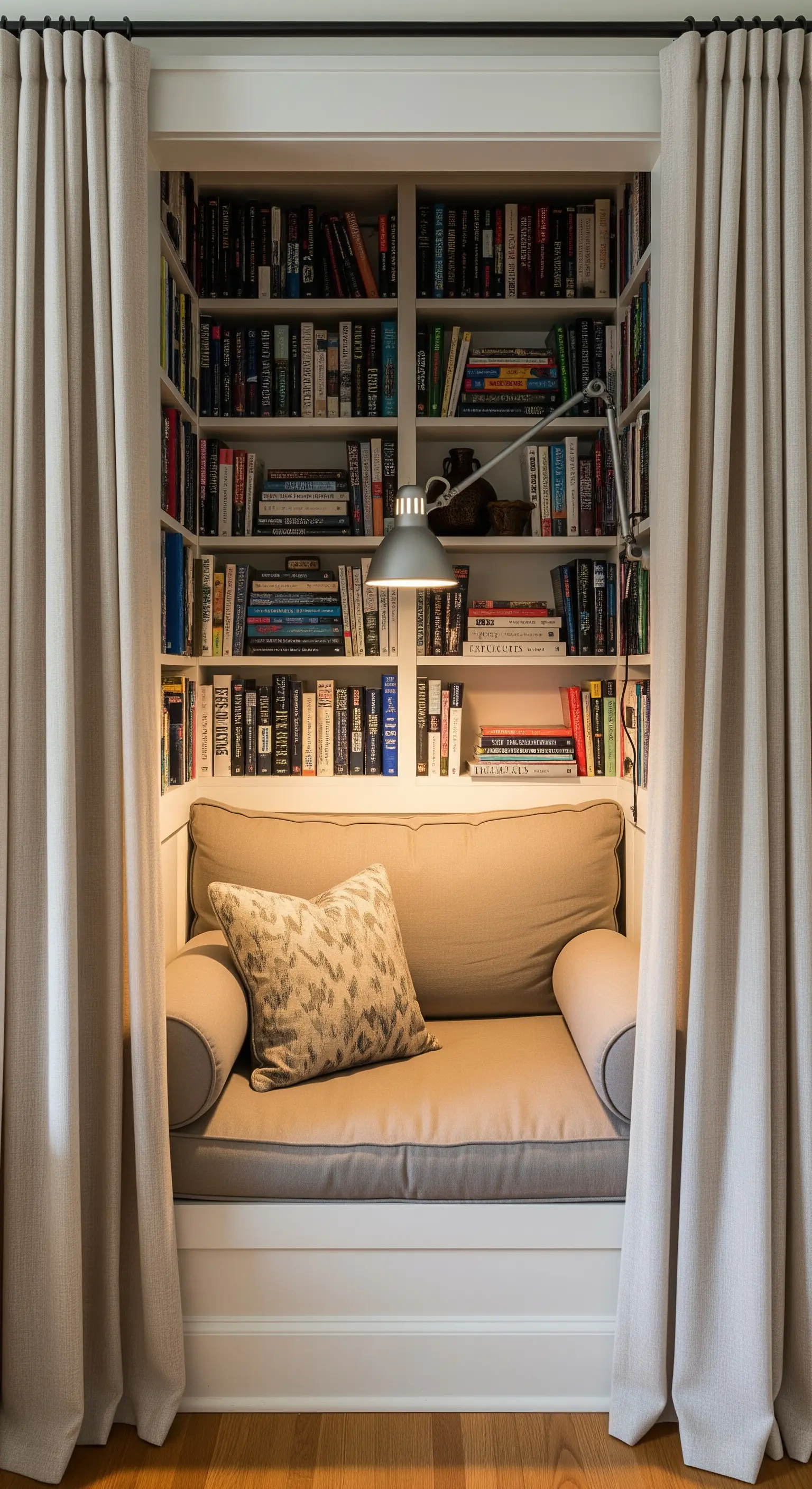 Panca-lettura incassata in una nicchia con librerie e tende per la privacy.
