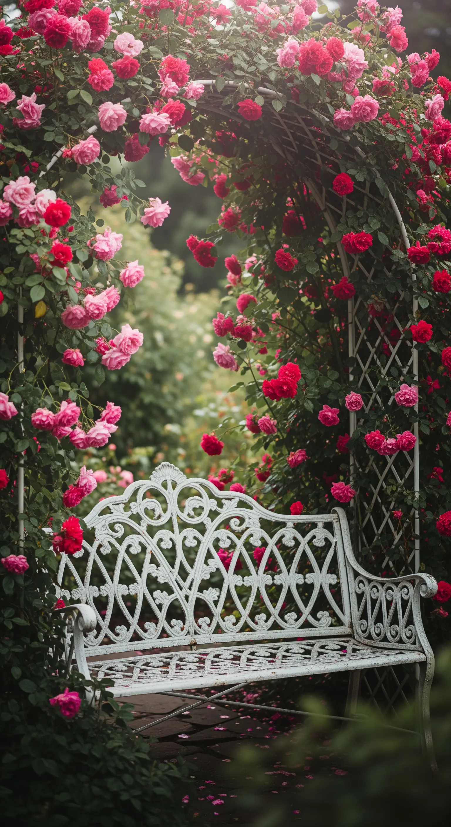 Panchina bianca in ferro battuto sotto un arco interamente coperto di rose rosa e rosse.